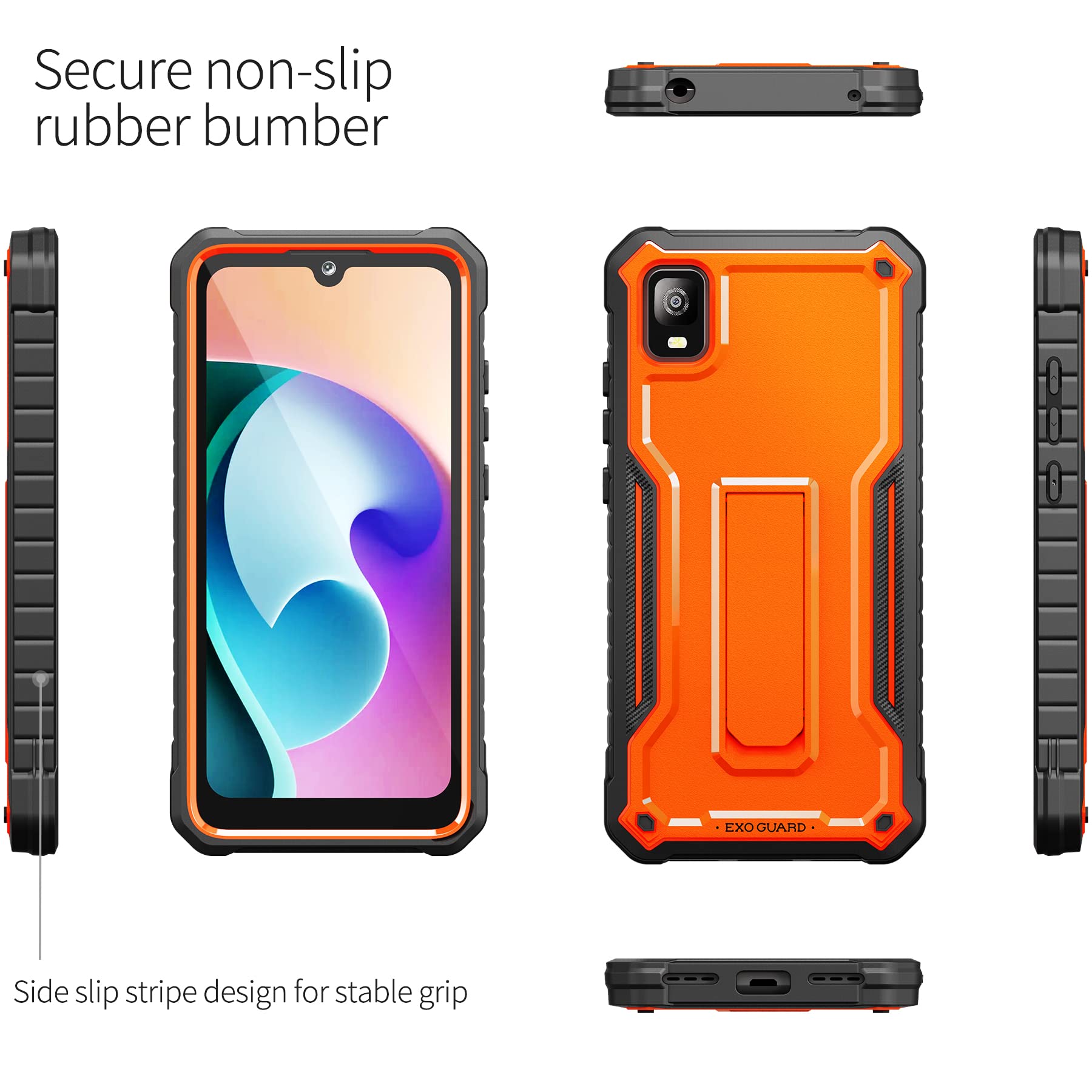 Shockproof TCL 30Z & 30 LE Phone Case with Tempered Glass Screen Protector & Kickstand - Heavy Duty Full Body Protection Case (Orange) - Perfect for Outdoor Activities, Work & Travel