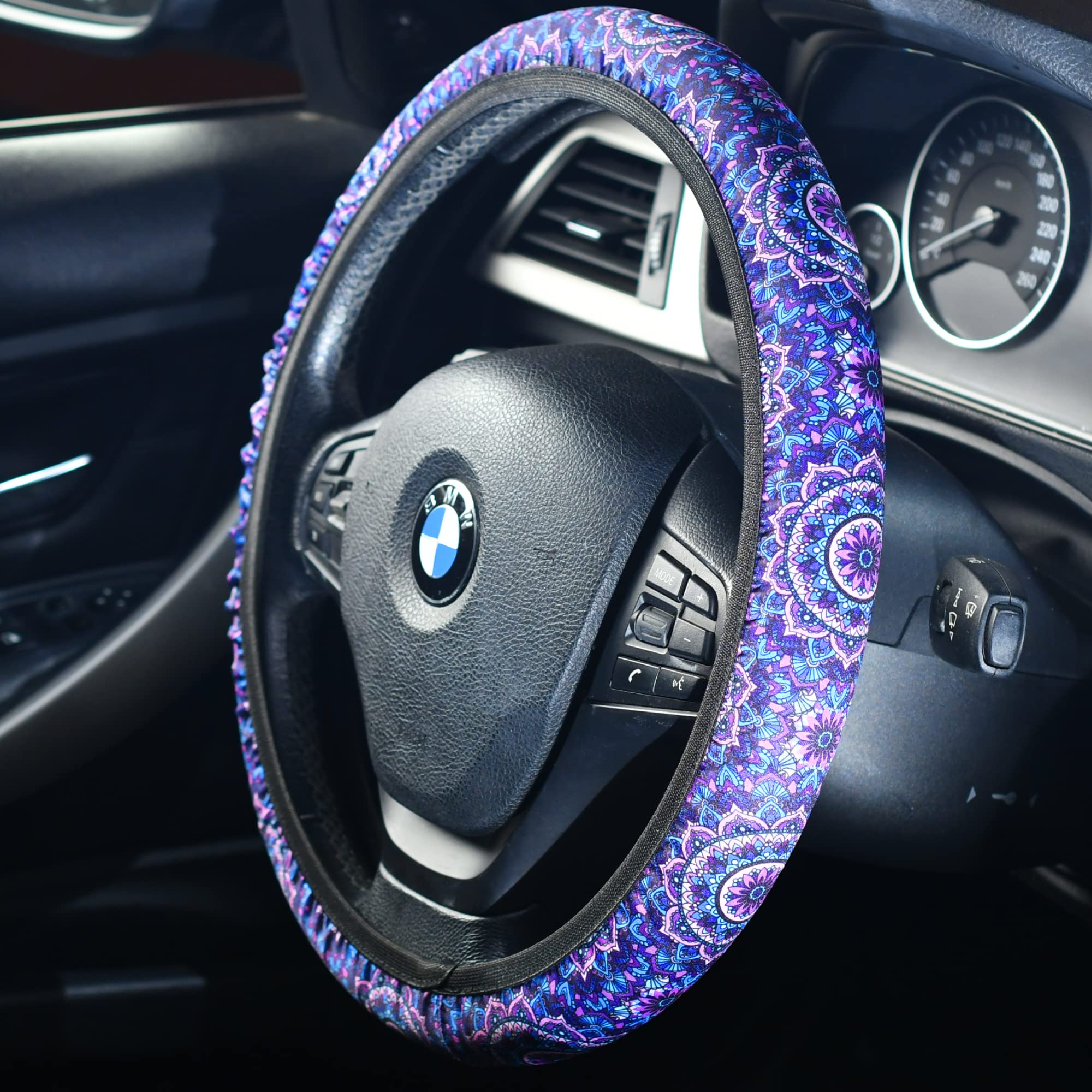 4-Piece Purple Lotus Mandala Steering Wheel Cover Set with 2 Non-Slip Cup Coasters & Keychain - Universal Fit 14-15.5 Inch - Stylish Car Accessories for Women, Boho Decor & Safe Driving