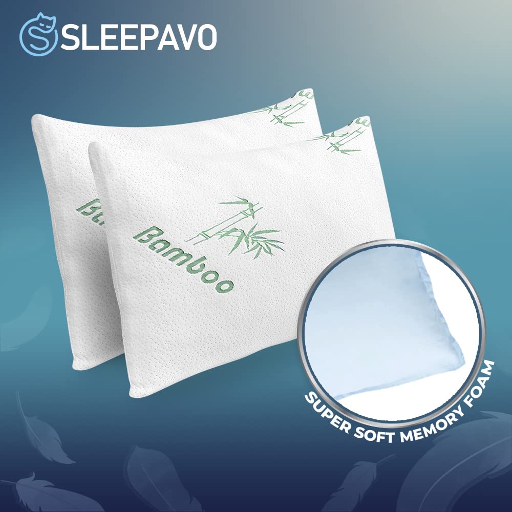 Cooling Memory Foam Pillows Queen Size Set of 4 - Breathable Bamboo Rayon Cover for Back, Stomach & Side Sleepers - Shredded Firm Support Pillow for Neck Pain Relief - Perfect for Hot Sleepers, Home & Hotel Use