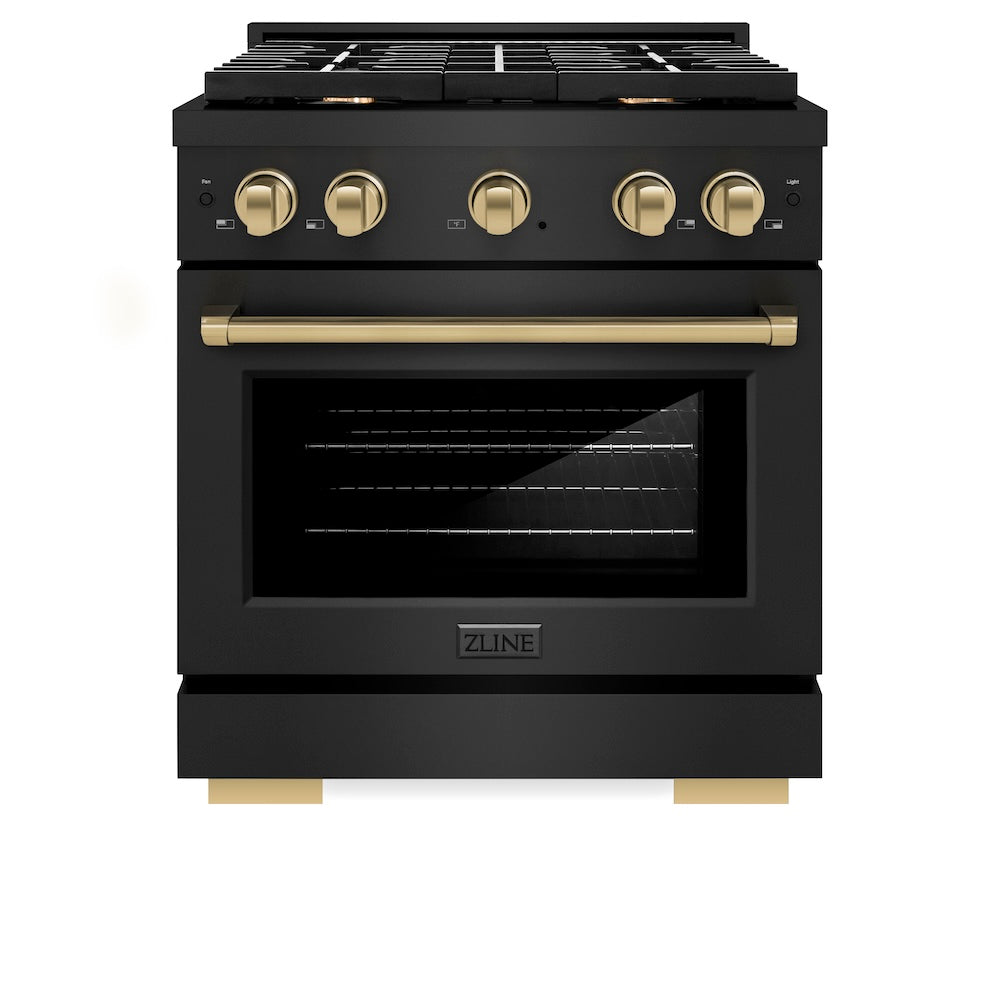 ZLINE Autograph Edition 30-inch 4.2 cu. ft. Dual Fuel Range with 4-Burner Gas Cooktop & Electric Convection Oven - Black Stainless Steel with Champagne Bronze Accents (SDRBZ 30 CB) | Professional Kitchen Appliance for Home Chefs & Cooking Enthusiasts