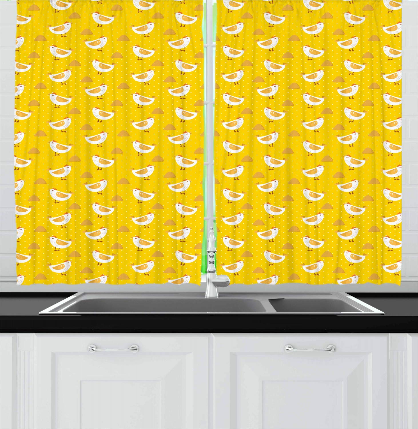 Ambesonne Polka Dot Kitchen Curtains Set of 2 - Cartoon Chicken & Haystack Design on Yellow Background, 55