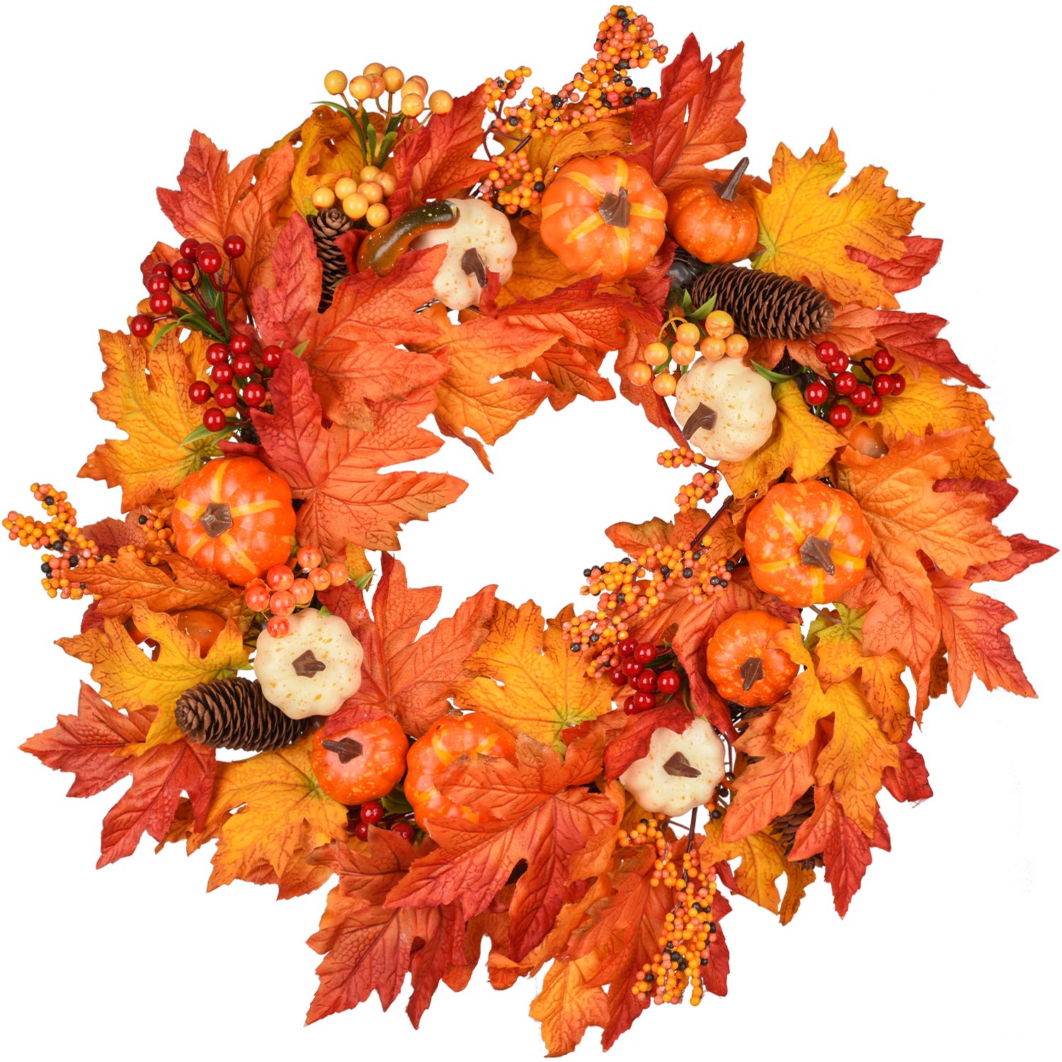 DearHouse 22 Inch Fall Wreath - Autumn Maple Leaf Harvest Thanksgiving Door Decor with Pumpkins, Pinecones & Berries | Perfect for Front Door, Porch, and Seasonal Home Decor