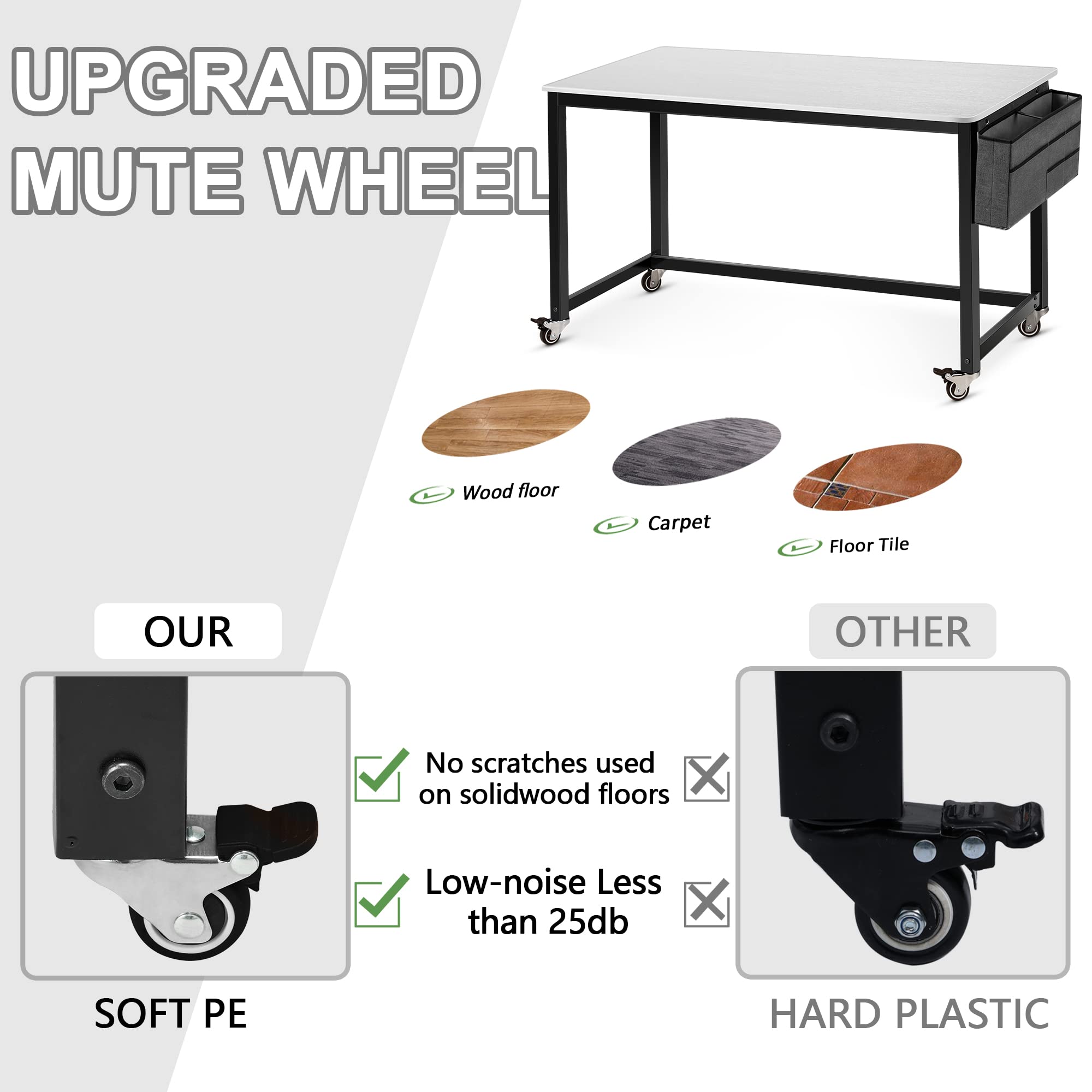 AHB 55 Inch Rolling Computer Desk with 4 Smooth Casters - Mobile Writing Desk for Home Office, Study Table with Sturdy Metal Frame | Perfect for Small Spaces, Dorm Rooms & Adjustable Workstations