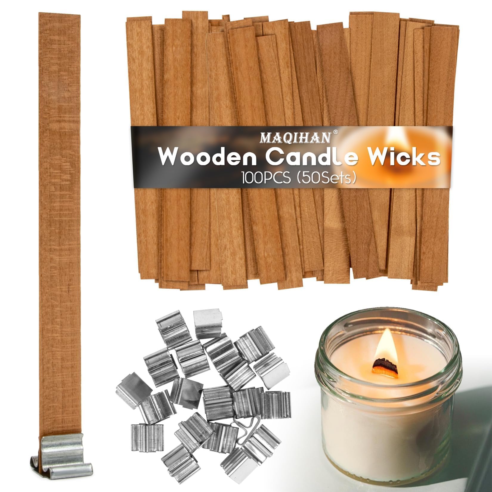 100 Natural Wood Wicks for Candle Making - Smokeless Crackling Wooden Candle Wicks for Soy Wax, Paraffin Wax & Beeswax - Perfect for DIY Candles, Home Decor & Relaxation (50 Sets)