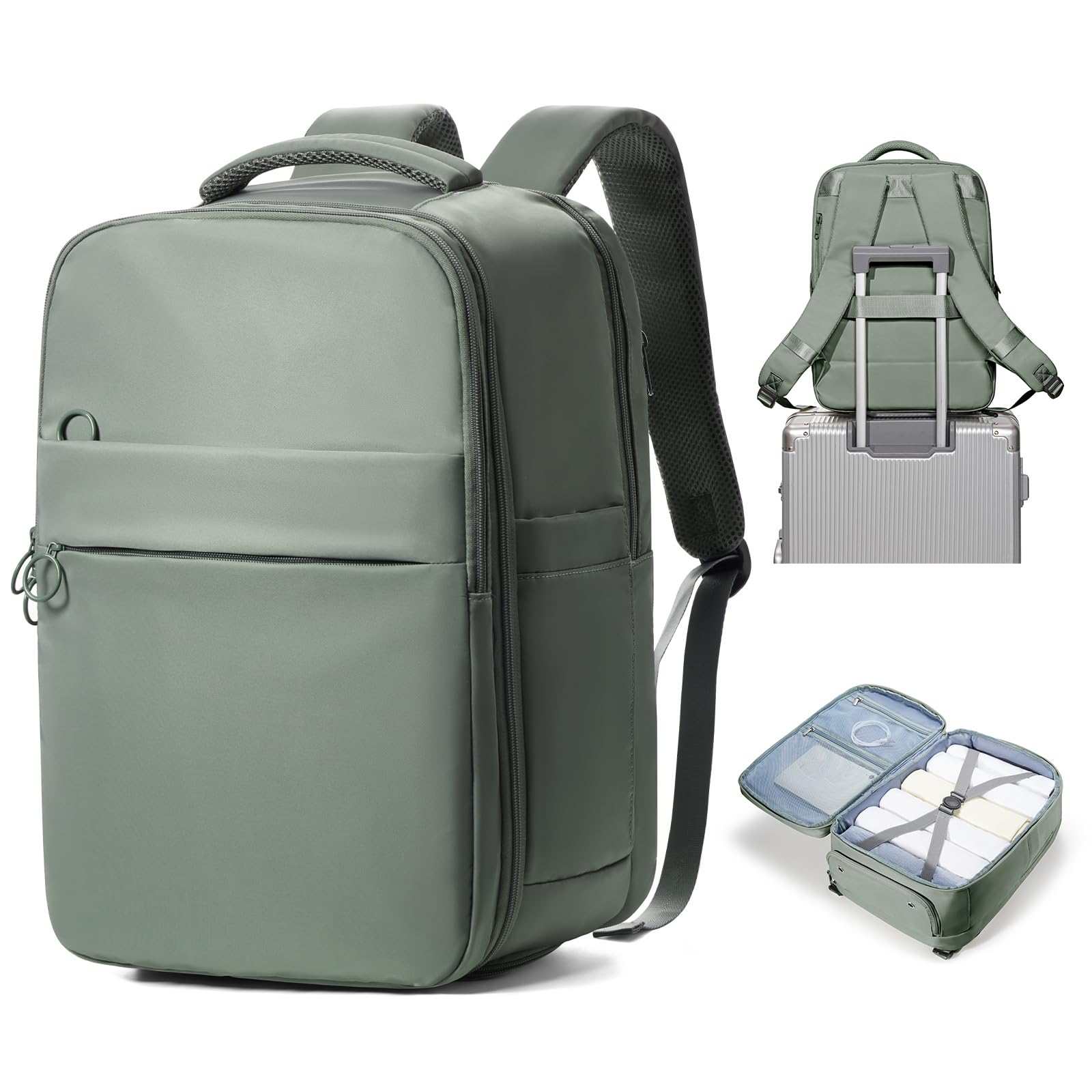 Large Travel Backpack Carry On - Flight Approved 40L Backpack for Women & Men, Airplane Personal Item Bag with USB Charging Port - Perfect for Business Trips, Weekend Getaways & International Travel (Green)
