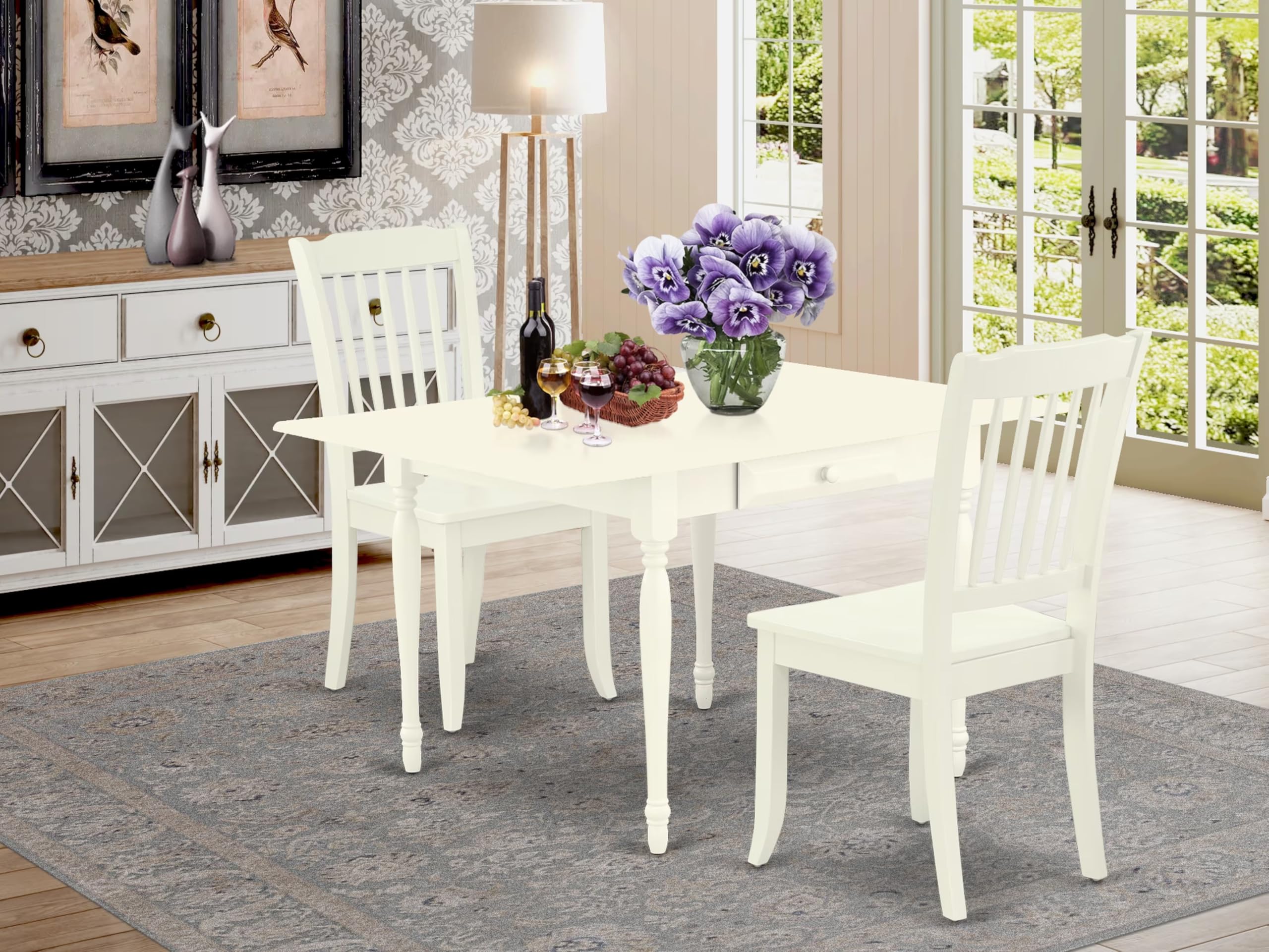 East West Furniture 3 Piece Dining Room Set - 36x54 Inch Rectangle Kitchen Table with Drop Leaf & 2 Chairs, Linen White - Perfect for Small Spaces, Breakfast Nooks & Cozy Apartments