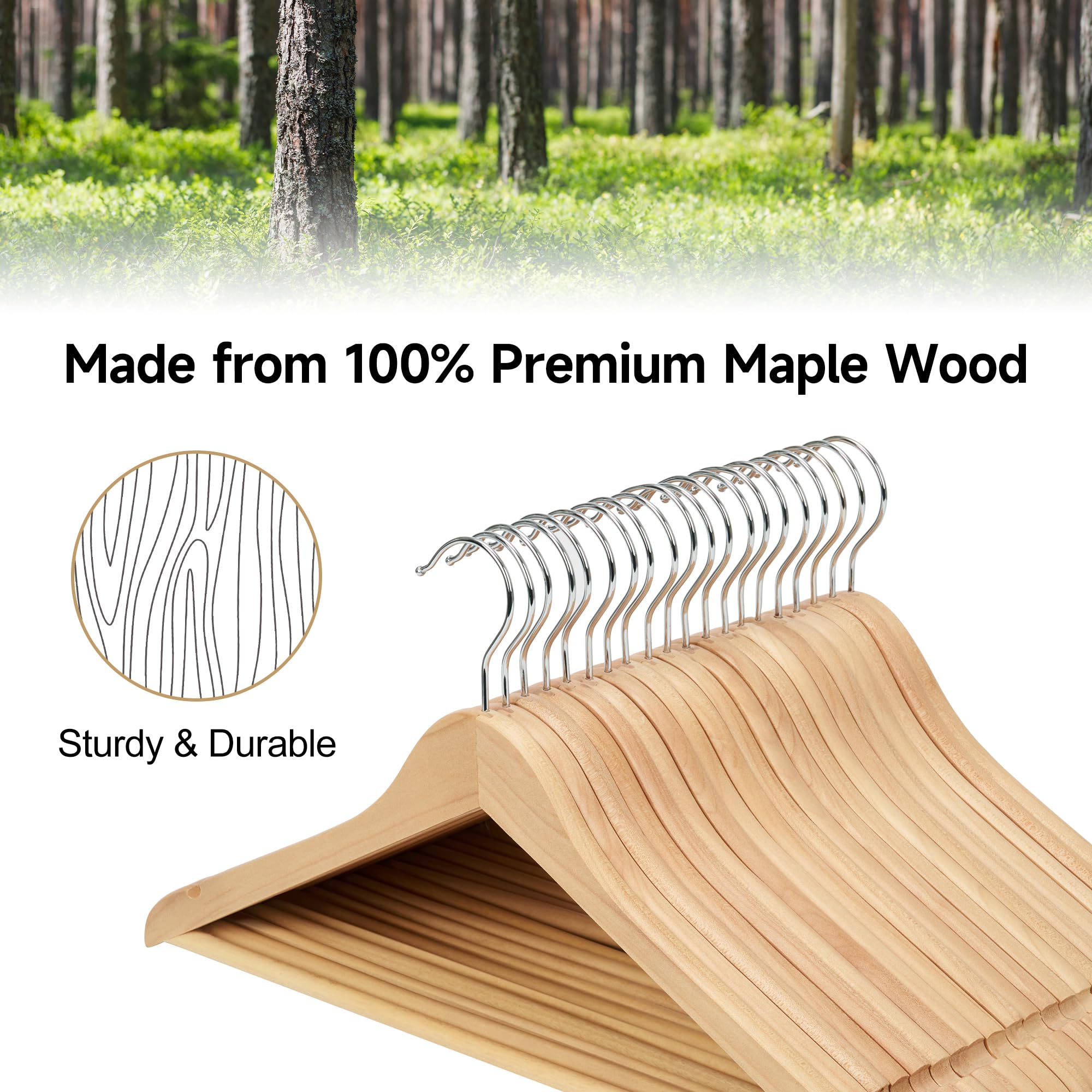 Premium Wooden Clothes Hangers 20-Pack - Natural Wooden Coat Hangers for Jackets, Shirts, Pants & Suits - Space-Saving Wardrobe Organizer for Closet, Laundry Room & Travel