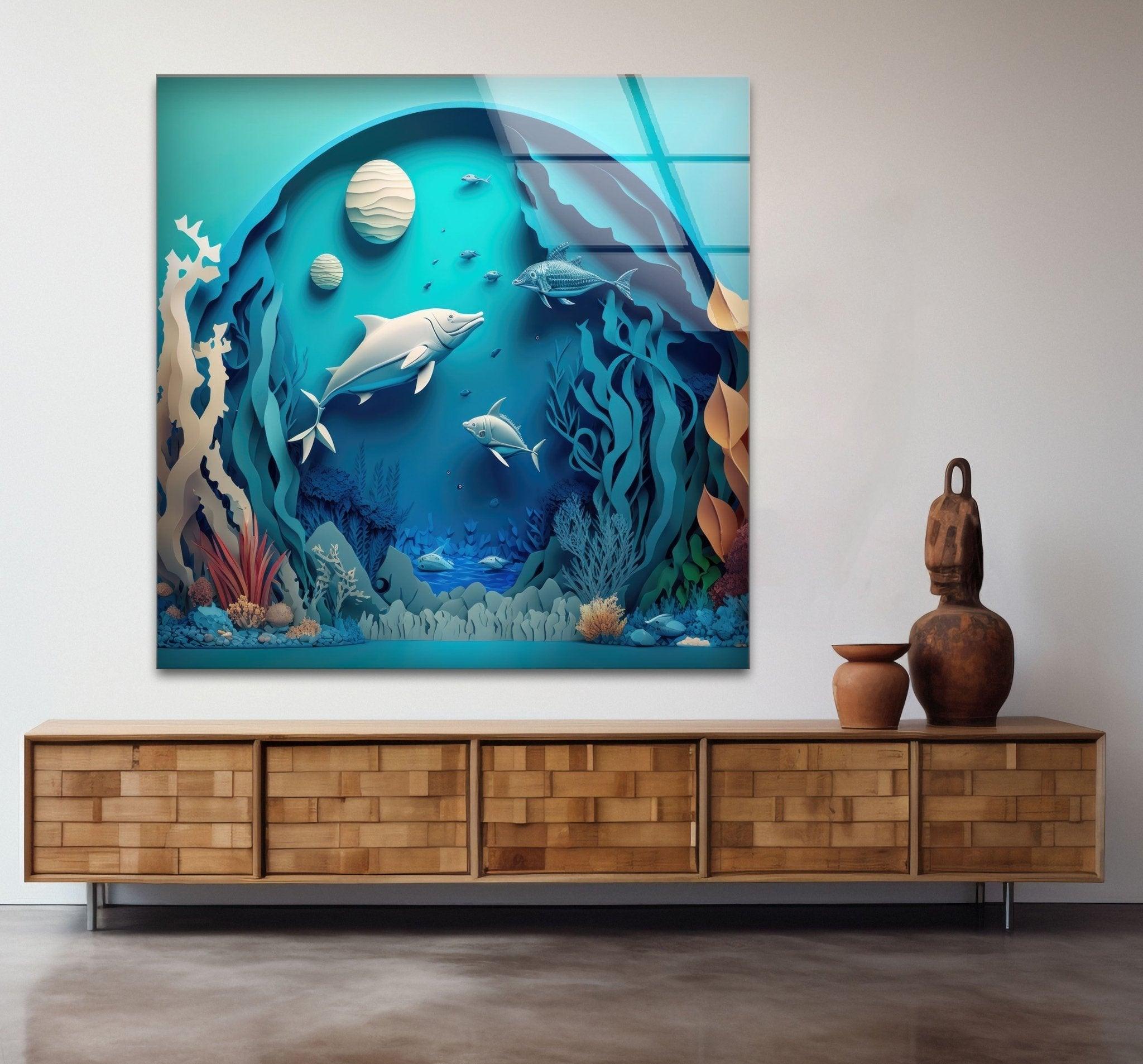 3D Fishes Paint Glass Wall Art - Handmade Ocean Themed Decor for Living Room, Bedroom, Bathroom - Perfect for Home, Office & Gift Giving