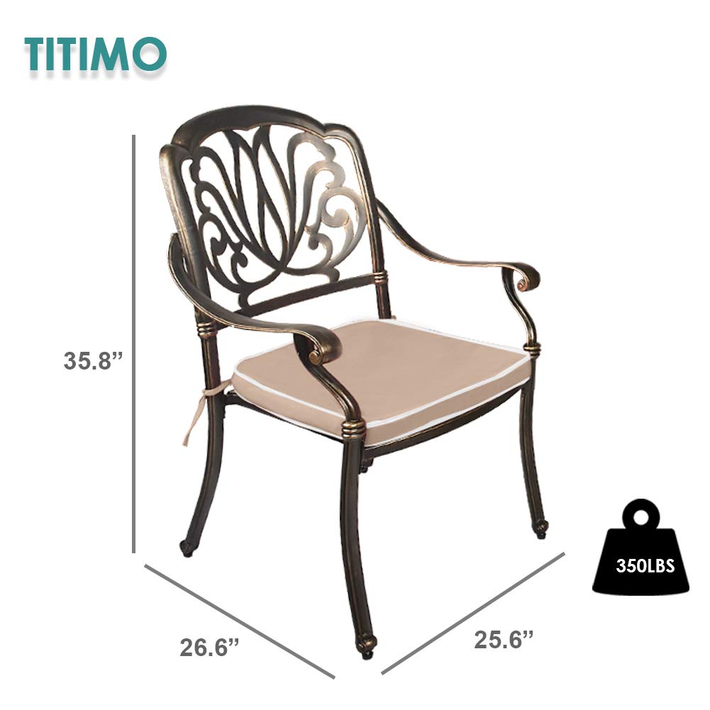 TITIMO 2-Piece Outdoor Patio Dining Chair Bistro Set - Cast Aluminum Garden Chairs with Khaki Cushions for Patio, Deck, Backyard & Poolside - Weather-Resistant Antique Bronze Furniture for Outdoor Dining & Relaxation