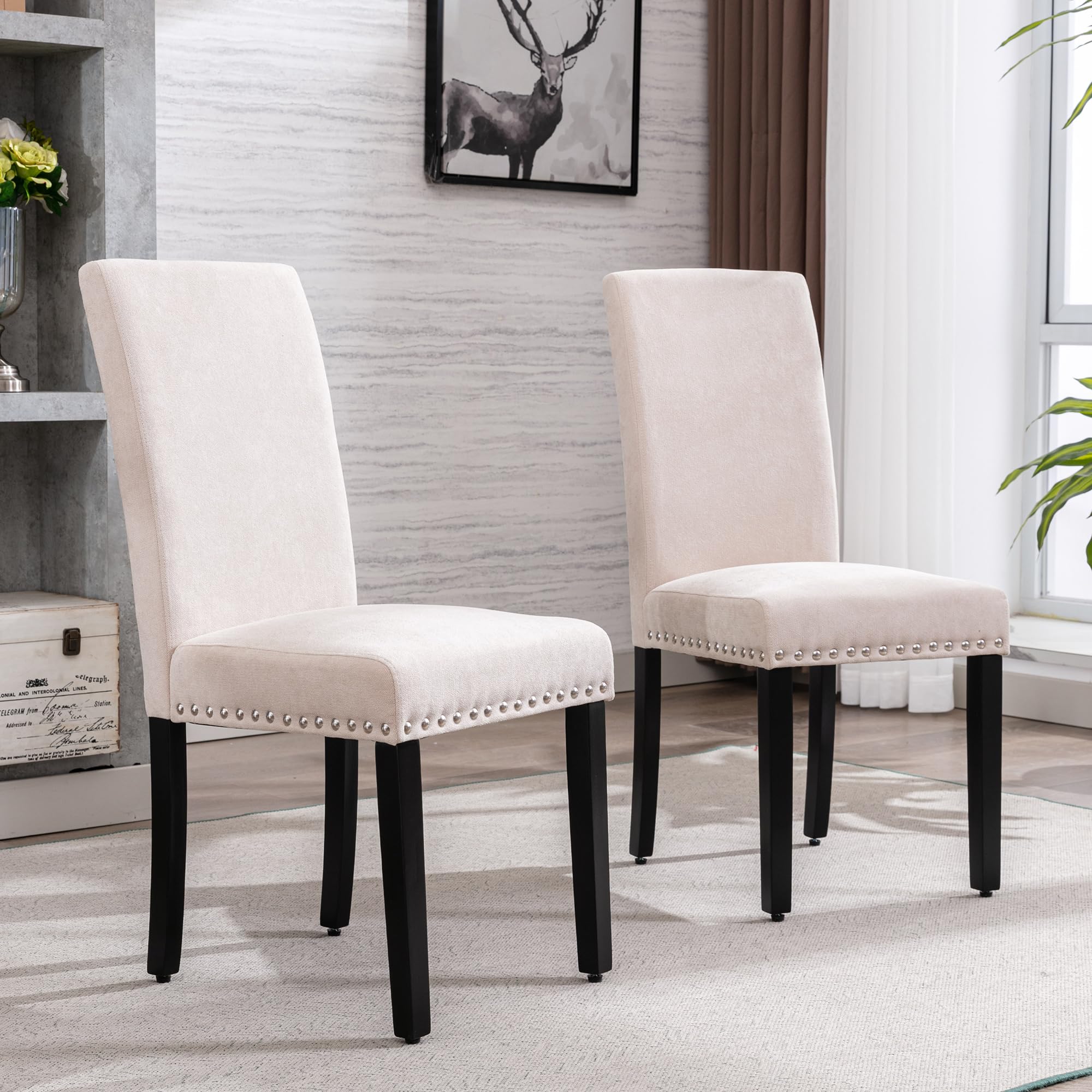 GOTMINSI 4-Piece Upholstered Dining Chair Set - Beige Padded Parson Kitchen Chairs with Silver Nail Accents & Solid Wood Legs for Dining Room, Kitchen, Breakfast Nook, and Home Decor