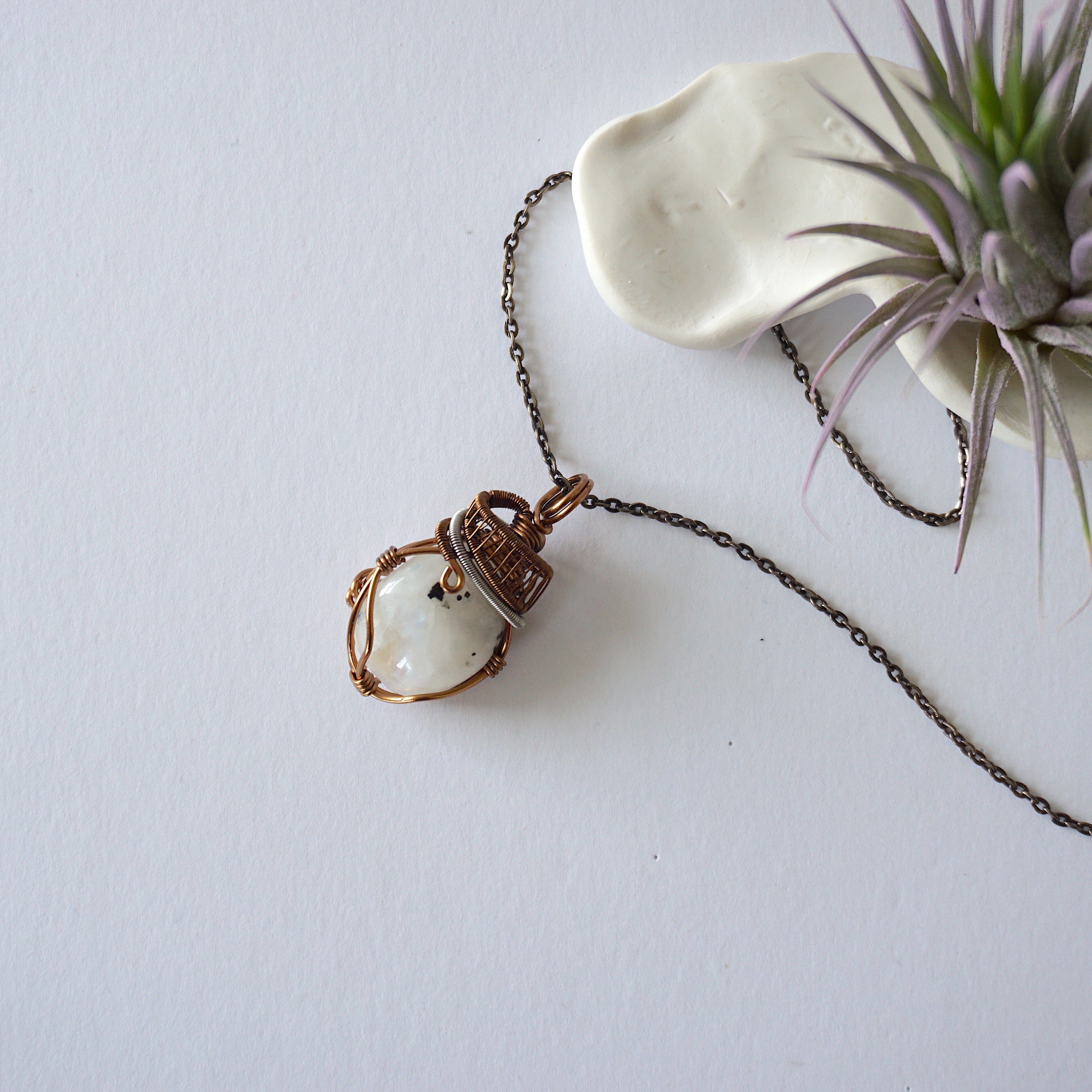 Rainbow Moonstone Necklace in Antique Bronze & White Gold Plated - Elegant Jewelry for Women, Perfect for Weddings, Parties & Special Occasions