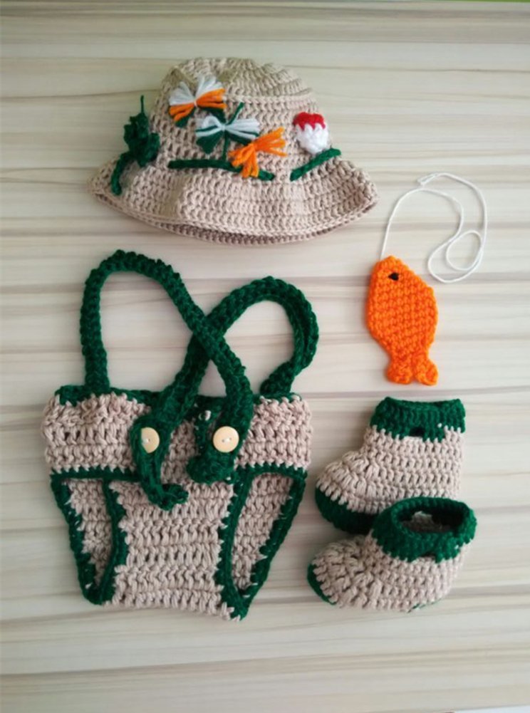 Crochet Baby Fishing Hat & Diaper Shoes Set - Adorable Fisherman & Fish Photography Props for Newborns, Infants - Perfect for Themed Photo Shoots, Baby Showers, and First Birthday Parties