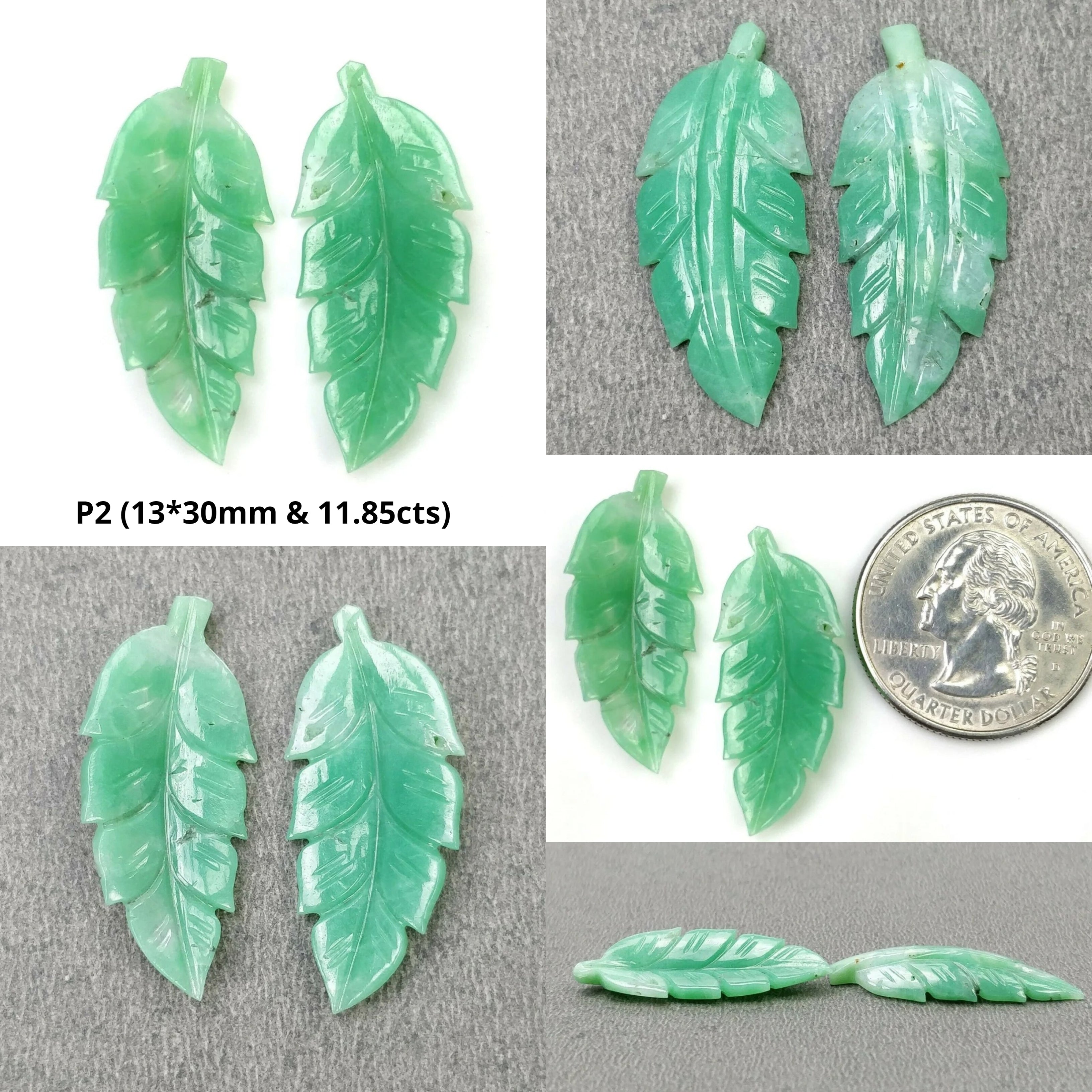 Natural Untreated Green Chrysoprase Gemstone Carving - Hand Carved Leaves 11x22mm & 16x30mm Pair for Jewelry Making & Spiritual Healing