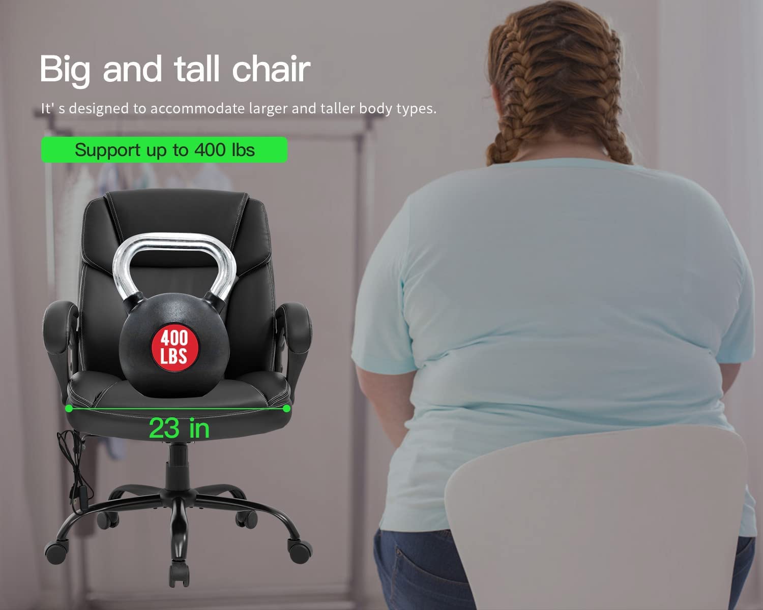 Big and Tall Office Chair - Ergonomic Executive Desk Chair with Wide Seat (400lbs Capacity), PU Leather, Lumbar Support & Adjustable Arms - Mid Back Computer Task Chair for Home & Office (Black)