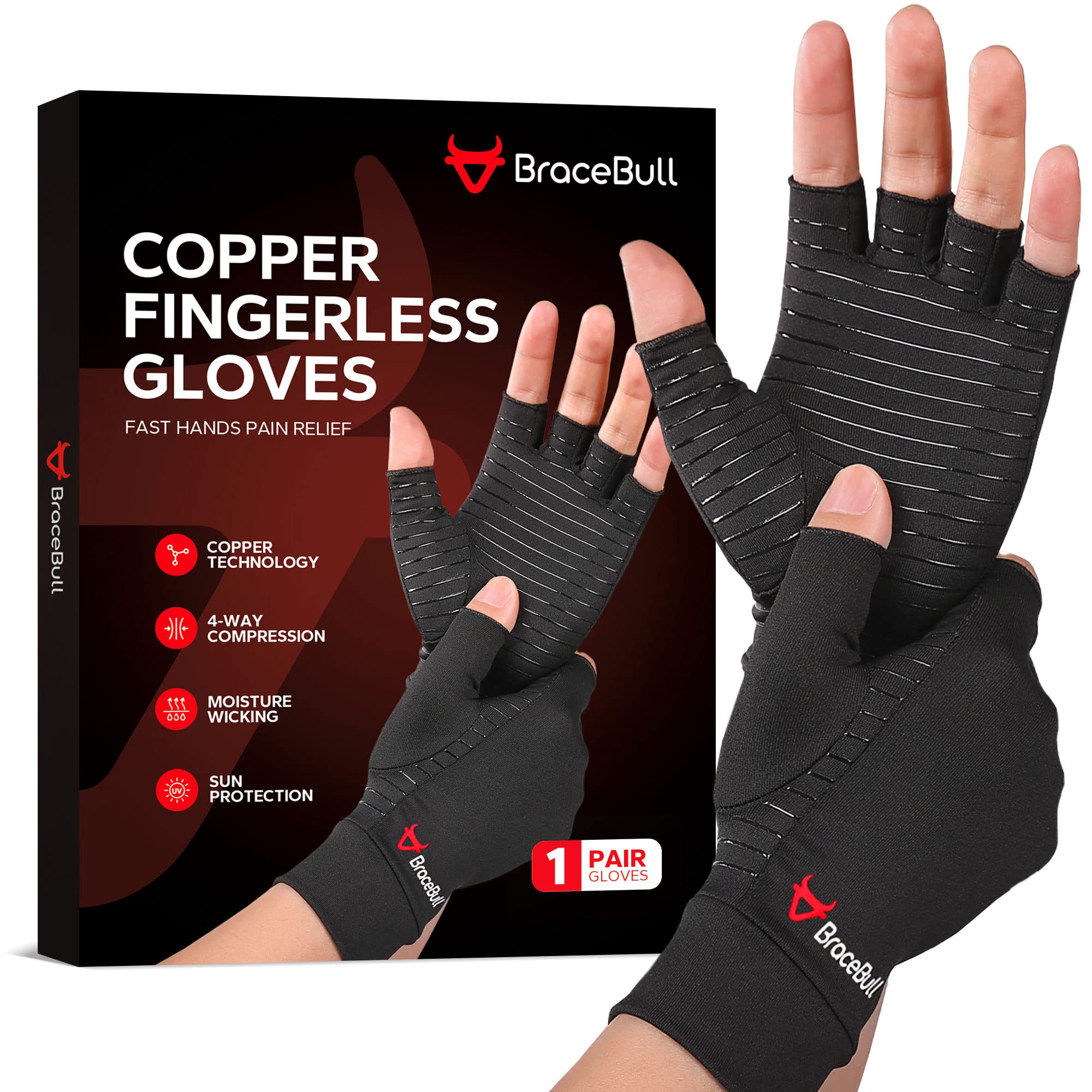 BraceBull Copper Infused Fingerless Compression Gloves for Arthritis & RSI Pain Relief - Breathable Hand Support for Men & Women - Ideal for Typing, Gaming & Daily Activities