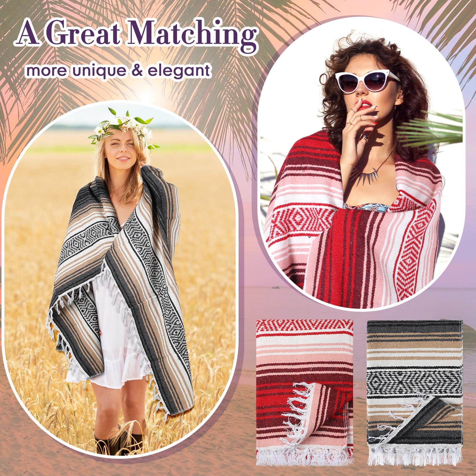 12 Pack Mexican Beach Blankets - Large Thick Colorful Striped Serape Blankets for Yoga, Picnic, Outdoor Activities - Perfect for Beach, Park, Camping, Home & Car Use