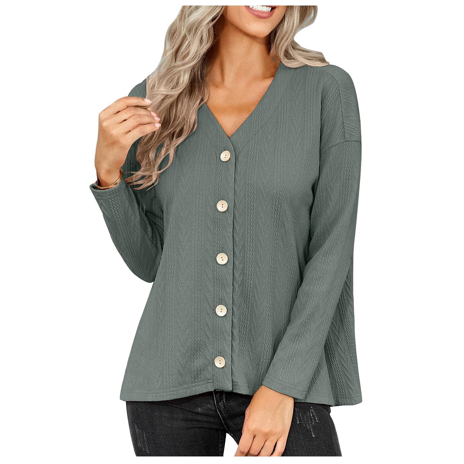 Women's Casual Long Sleeve Button Down Blouse - Solid Color Loose Fit V-Neck Top for Fall | Perfect for Office Wear, Layering & Everyday Comfort