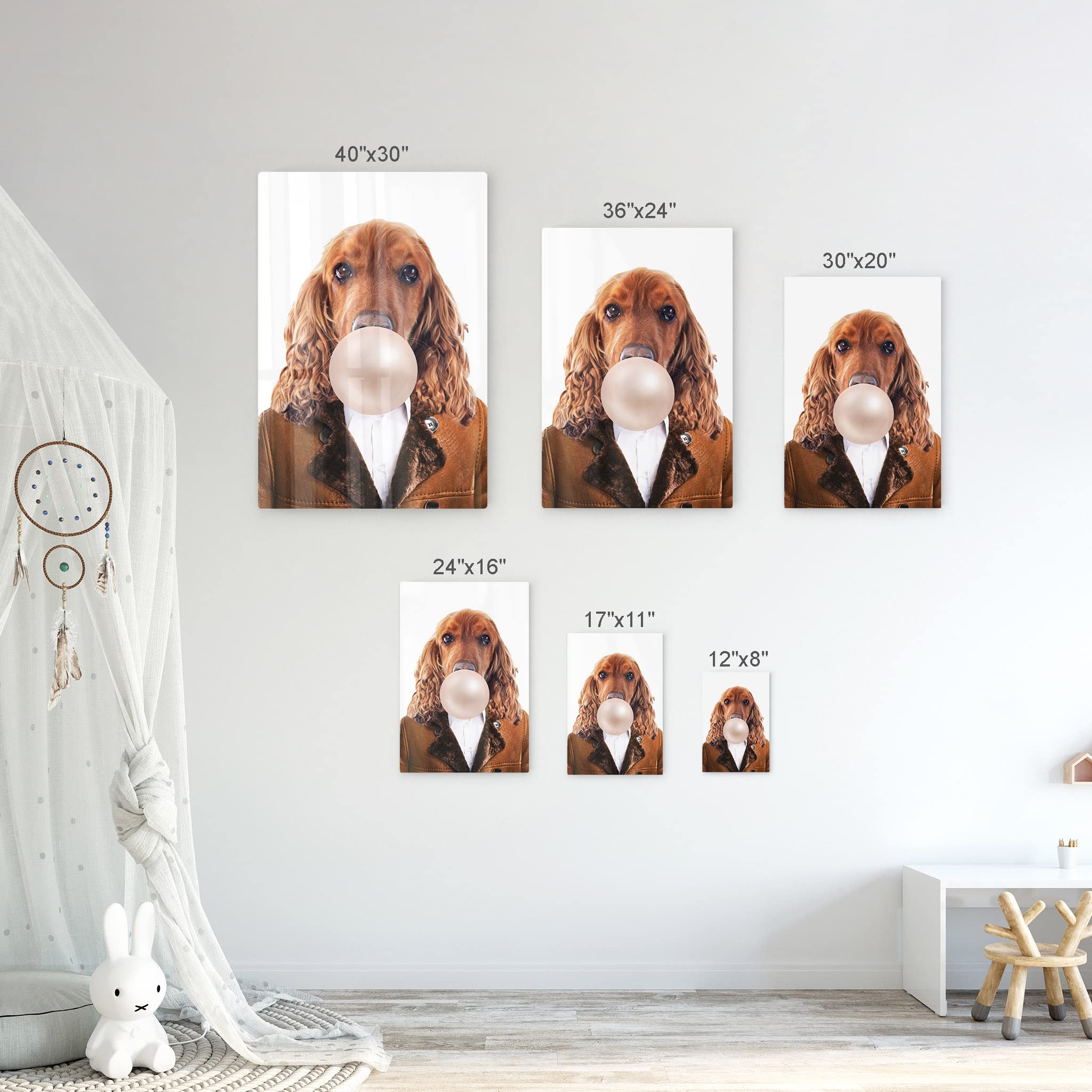 English Cocker Spaniel Dog Portrait Wall Art - Metal Print of Cute Dog Wearing Coat & Chewing Bubble Gum - Unique Pet Lover Gift, Pop Animal Art for Office, Living Room, Bedroom or Nursery Decor - 40x30 Inches - Perfect for Dog Owners & Home Interior Design
