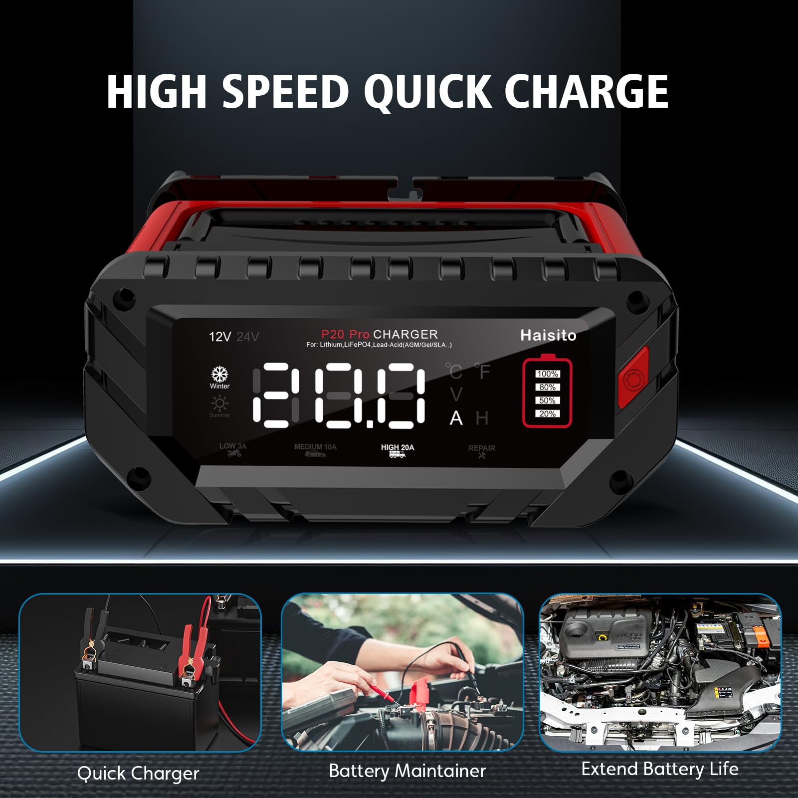 Haisito 20A Smart Lithium Battery Charger - 12V/24V LiFePO4, Lead-Acid (AGM/Gel/SLA) Car Battery Charger & Maintainer with Trickle Charge & Desulfation - Perfect for Cars, Boats, RVs & Marine Vehicles (Model H-20-PRO)