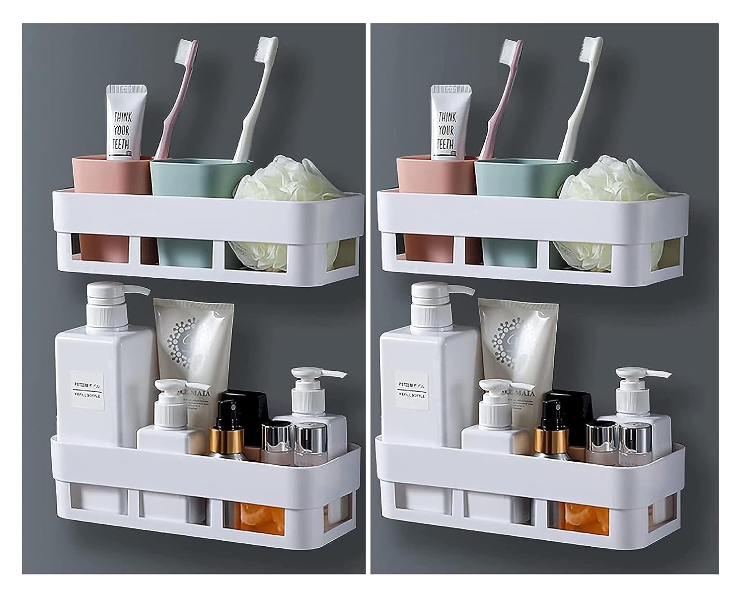 Kesi Bathroom Accessories Set - Wall Mounted Organizer Shelf & Storage Rack with Self-Adhesive Hooks - Multipurpose Bathroom & Kitchen Storage Solution for Towels, Toiletries & Small Items
