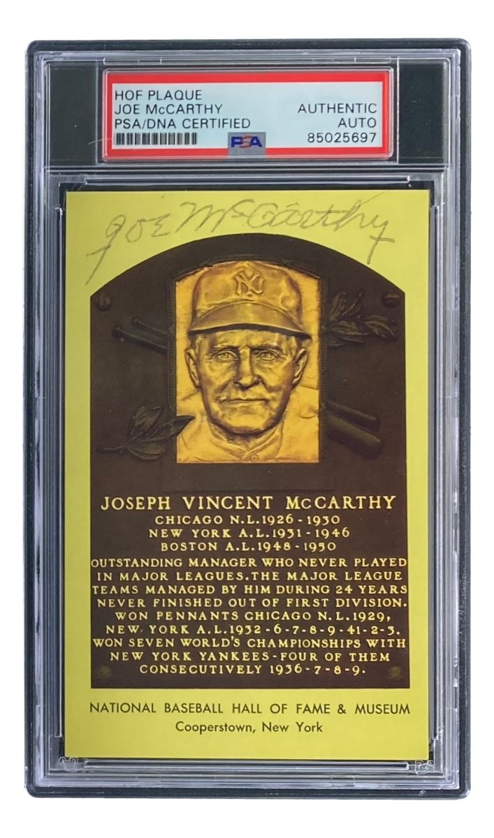 Joe McCarthy Signed 4x6 New York Yankees HOF Plaque Card PSA/DNA Certified 85025697 - Perfect for Baseball Memorabilia Collectors and Yankees Fans Display
