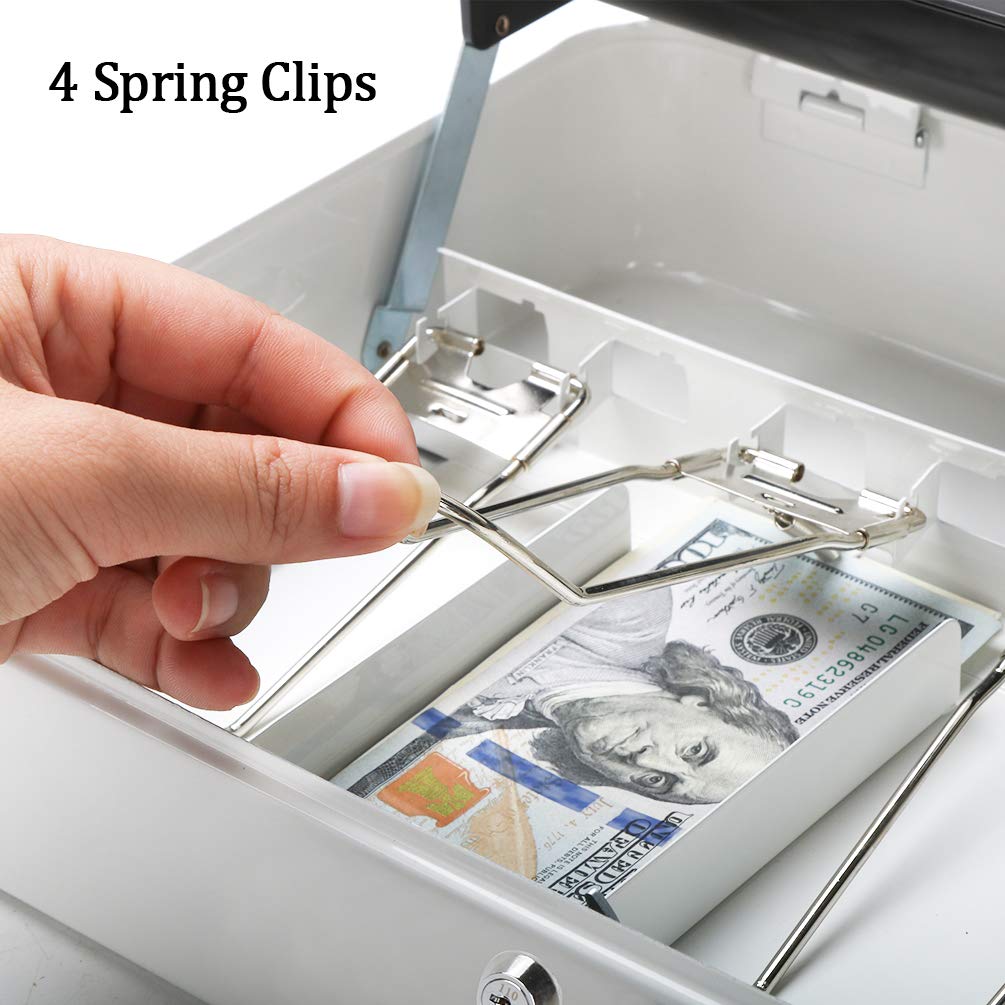 Heavy Duty Metal Cash Box with Key Lock - Large Money Storage Box with 5 Compartments & 4 Bill Clips (11.8
