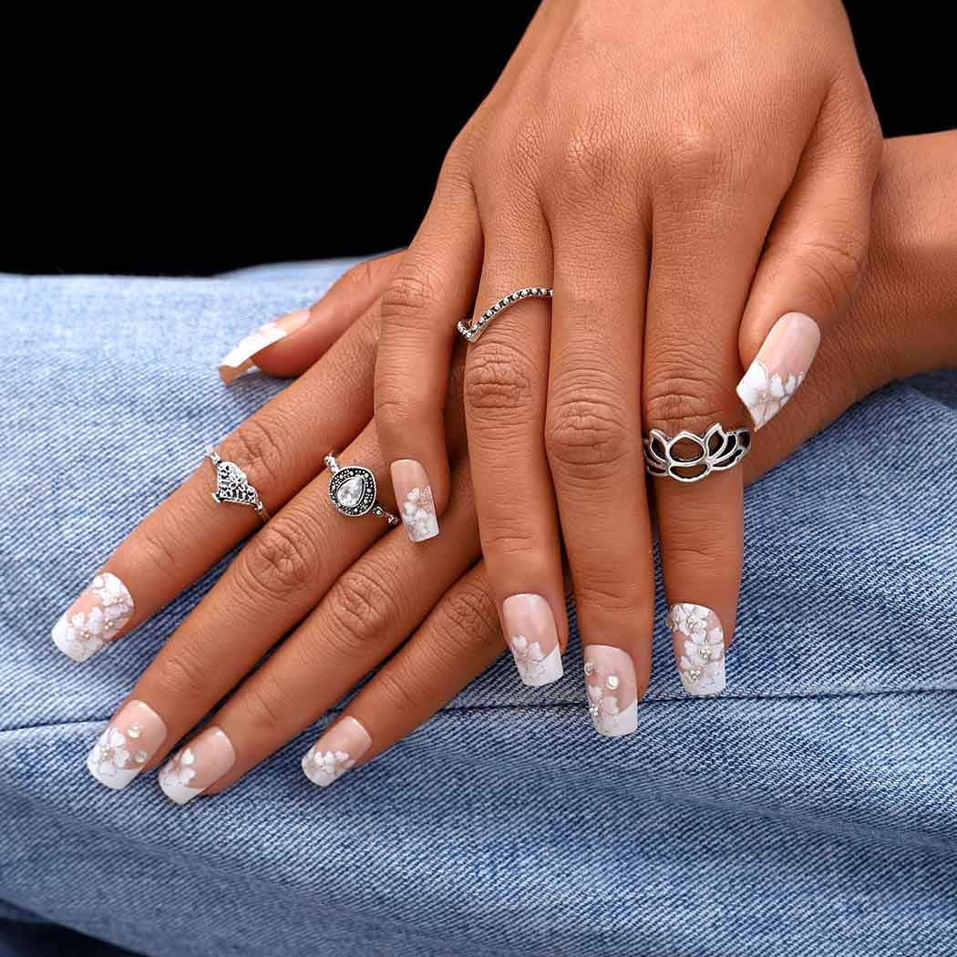 Sethexy 3D Rhinestone False Nails - 24Pcs Flower Wedding Acrylic Full Cover Fake Nails with Glitter Art Design for Women & Girls | Perfect for Bridal, Prom, Parties & Special Occasions