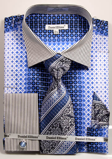 Daniel Ellissa Checker Pattern French Cuff Dress Shirt DS3786P2 Blue | Premium Men's Formal Wear for Business, Office & Special Occasions