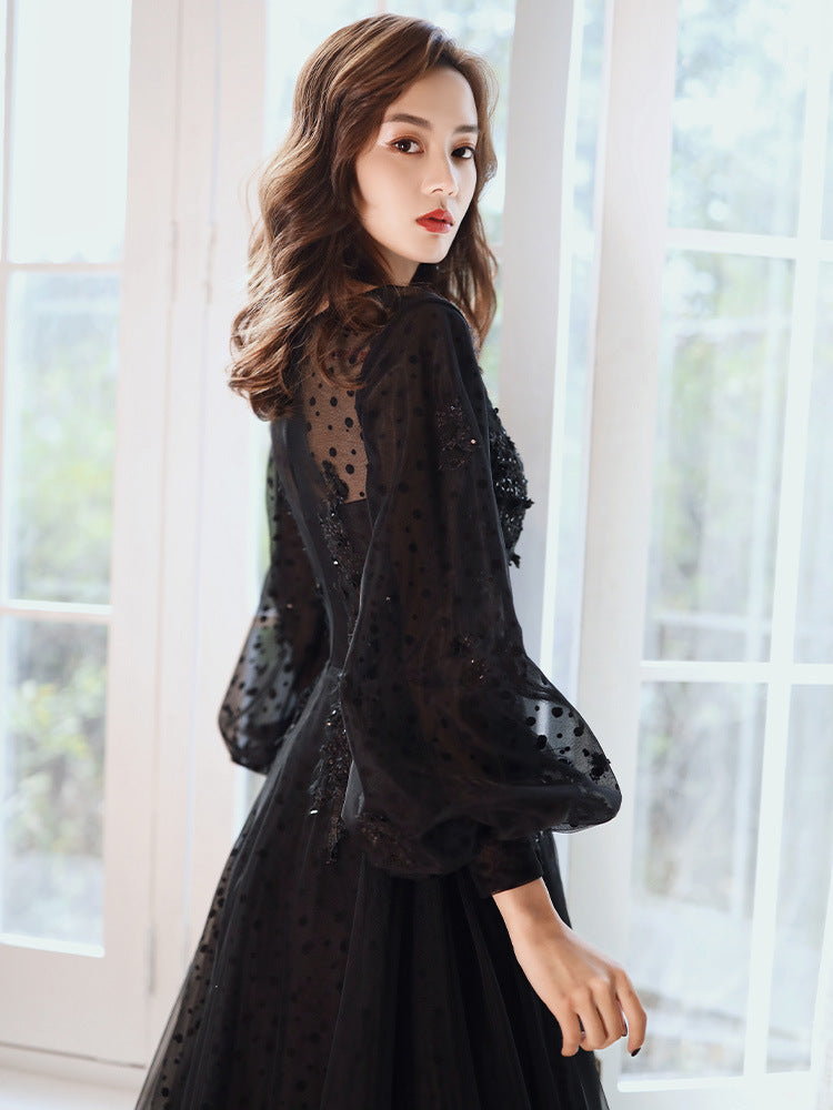 Elegant French Style Black Long Prom Dress with Long Sleeves - Perfect for Evening Parties, Formal Events & Homecoming Dances