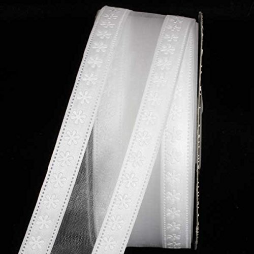 Semi-Sheer White Foil Flowers Wired Craft Ribbon - 1.5 Inch x 40 Yards - Perfect for Gift Wrapping, Wedding Decorations, DIY Crafts, and Scrapbooking Projects