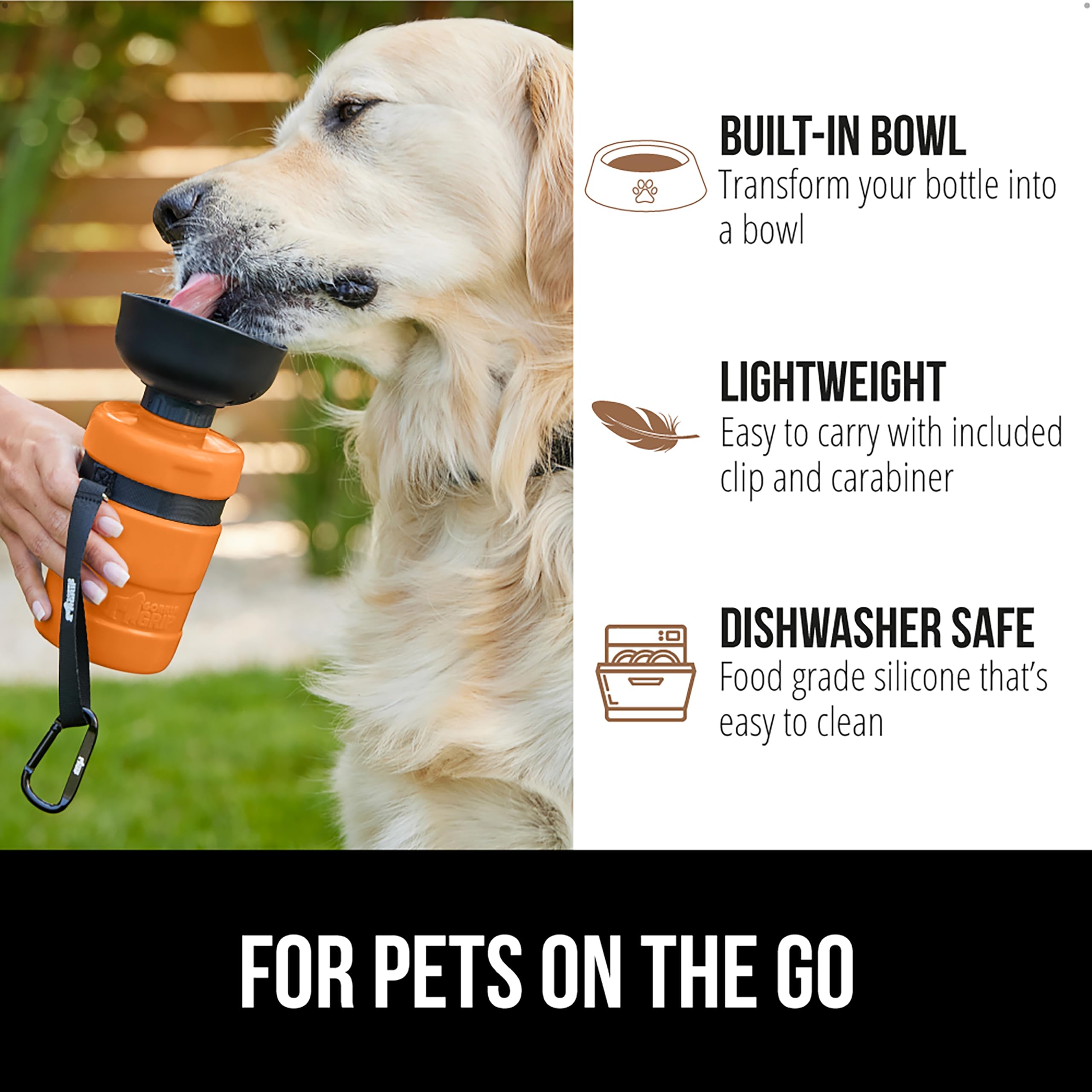 GORILLA GRIP 20oz Leak Proof Dog Water Bottle with Portable Bowl - BPA Free Food Grade Silicone Pet Travel Squeeze Bottle for Hiking, Camping & Outdoor Adventures - Essential Puppy Accessories (Orange)