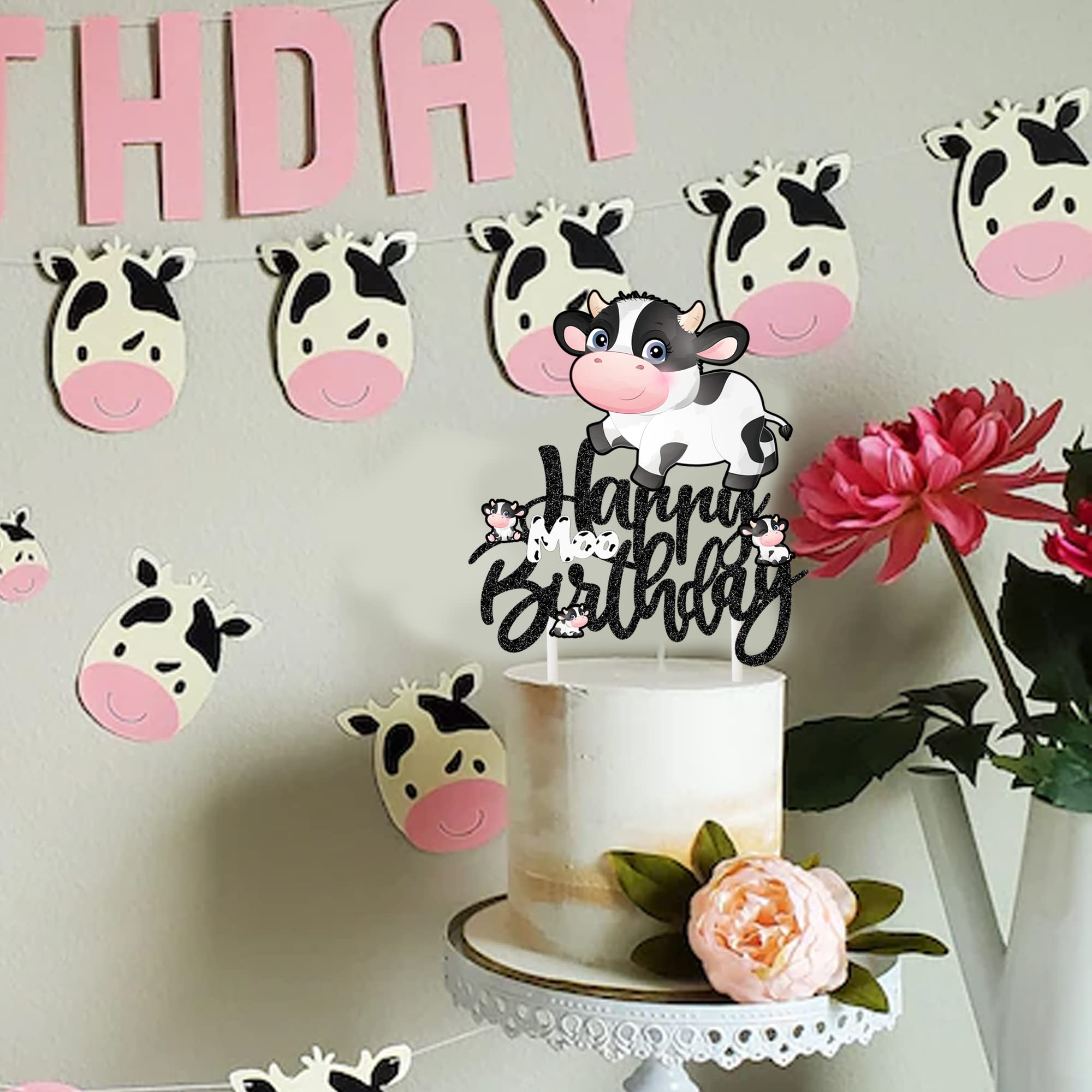 Happy Birthday Cow Cake Topper - Glitter Farm Animal Party Decorations for Kids Birthday, Baby Shower & Zoo Themed Events - Perfect for Farm-Themed Cakes, Cupcakes and Party Desserts