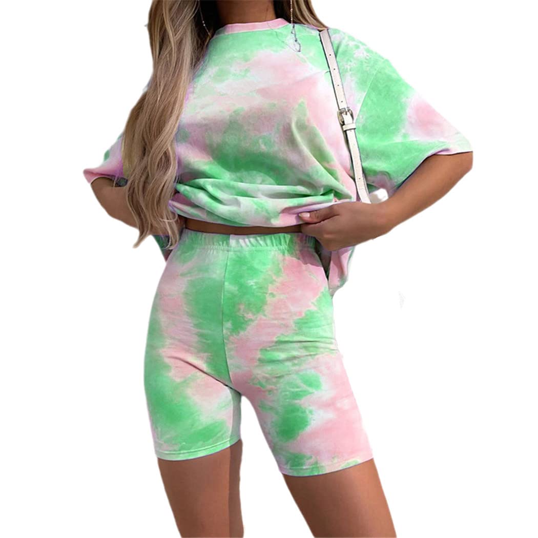 Women's Summer Tie-Dye Short Sleeve Top & Biker Shorts Set - Loose Casual Streetwear Outfit for Yoga, Running, and Beach