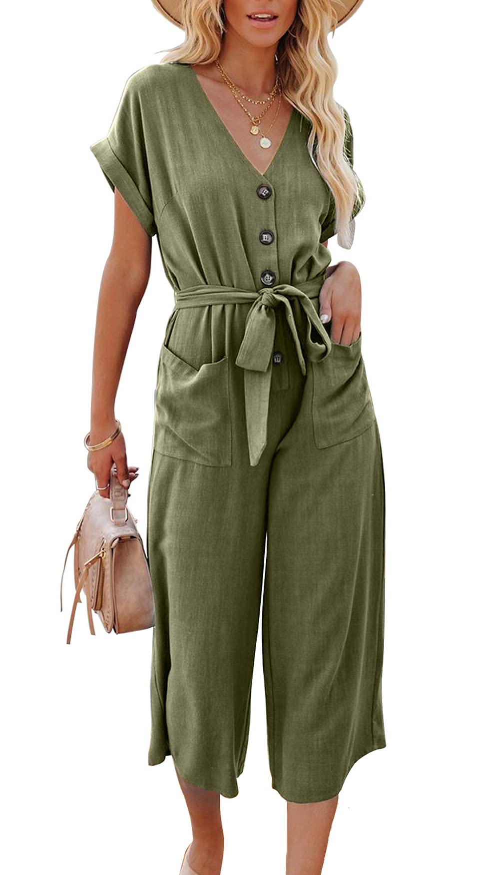 Women's Summer Linen Jumpsuit with Belt - Short Sleeve Wide Leg Capri Pants for Casual Outings, Beach Vacations & Summer Fashion