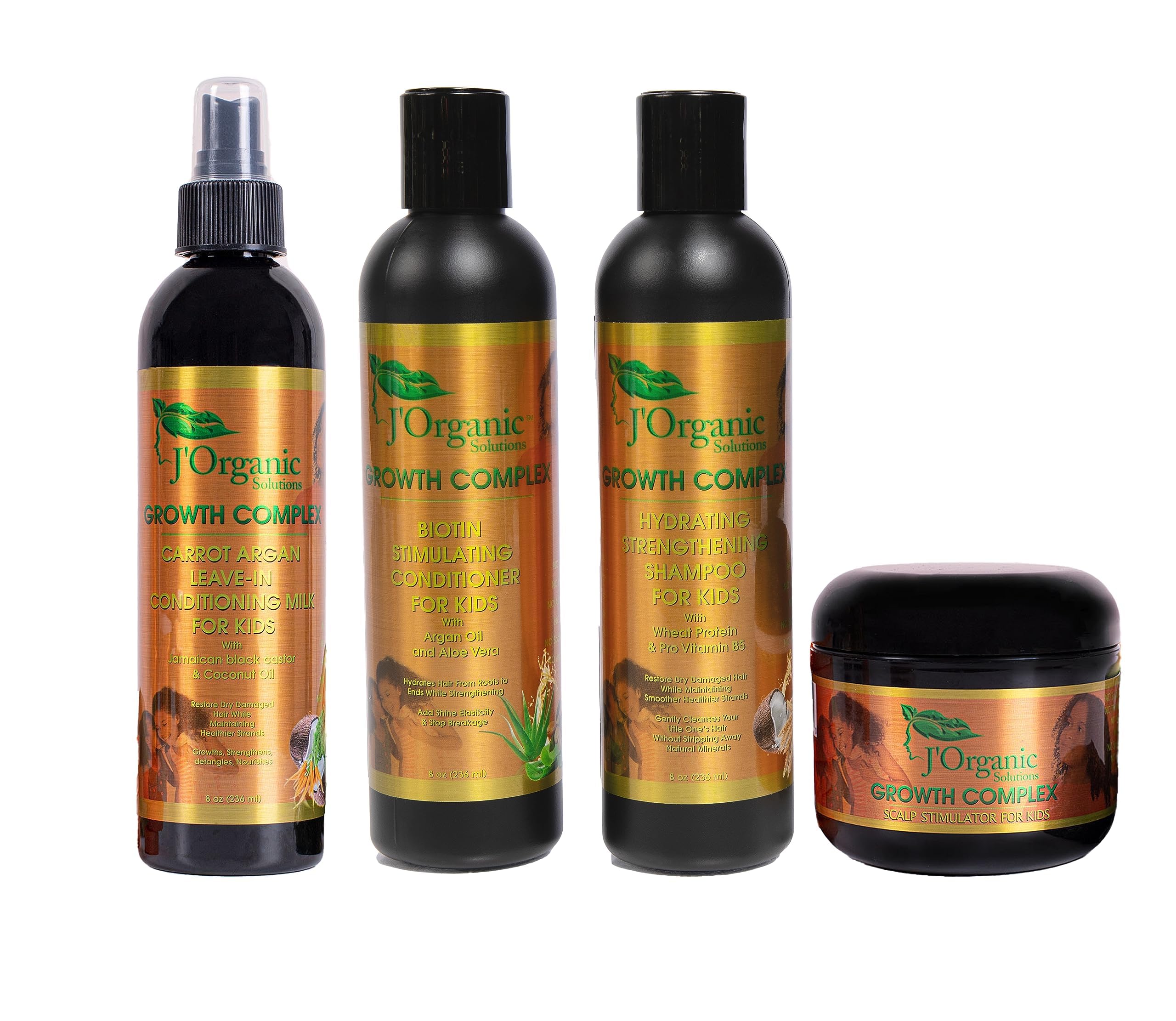 J'Organic Solutions 4-Piece Kids Curl Care Kit - Leave-In Conditioner, Scalp Stimulator, Shampoo & Conditioner for Kinky, Coily, Wavy & Curly Hair - Natural Hair Care for Healthy Curls - Perfect for Daily Hair Routine & Special Occasions