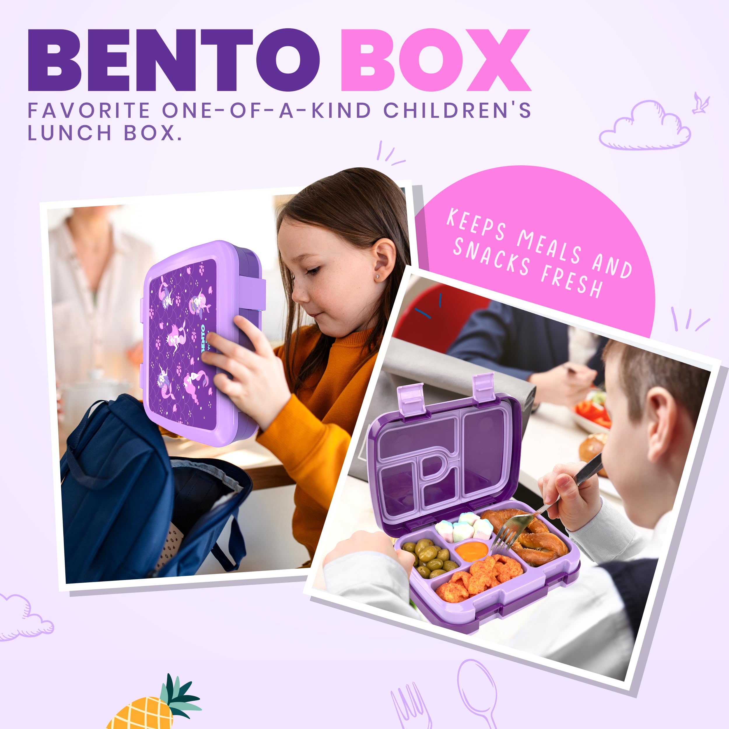 Leak-Proof Kids Bento Lunch Box with 5 Compartments - Durable, Anti-Slip Base for Ages 3-10 | Perfect for School, Travel, Picnics & Outdoor Activities (Mermaid Design)