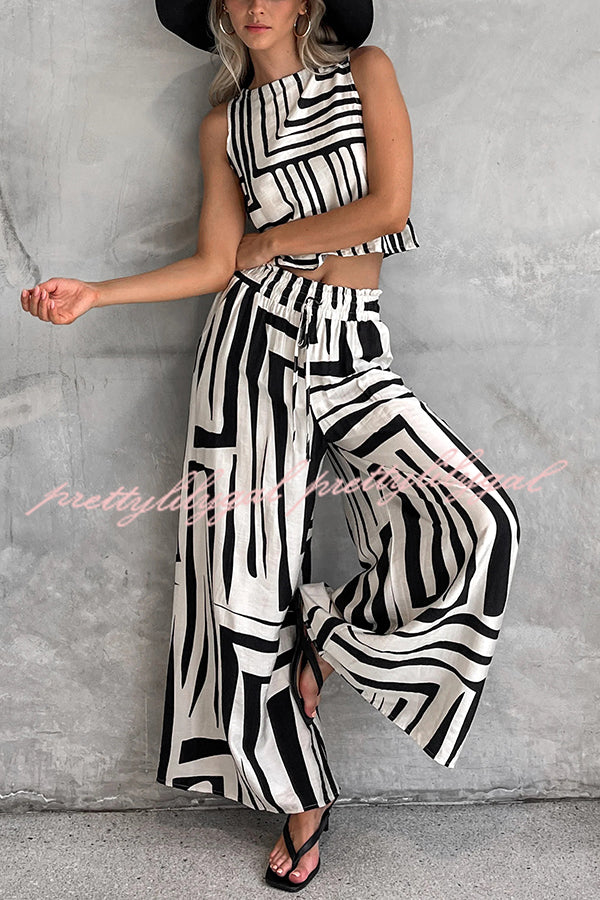 Women's Striped Printed Sleeveless Casual Top & Elastic Waist Loose Pocket Wide Leg Pants Set - Summer Outfit for Beach, Travel and Daily Wear