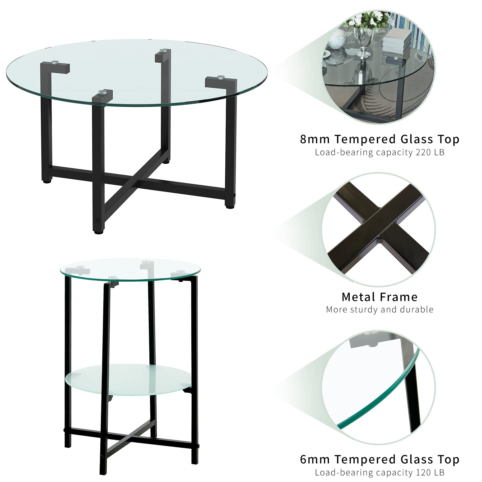 3-Piece Clear Glass Round Coffee Table Set with Metal Frame & Tempered Glass - Modern Living Room Furniture for Home Decor, Coffee Table and End Tables Combo - Perfect for Small Spaces, Apartments and Cozy Living Rooms