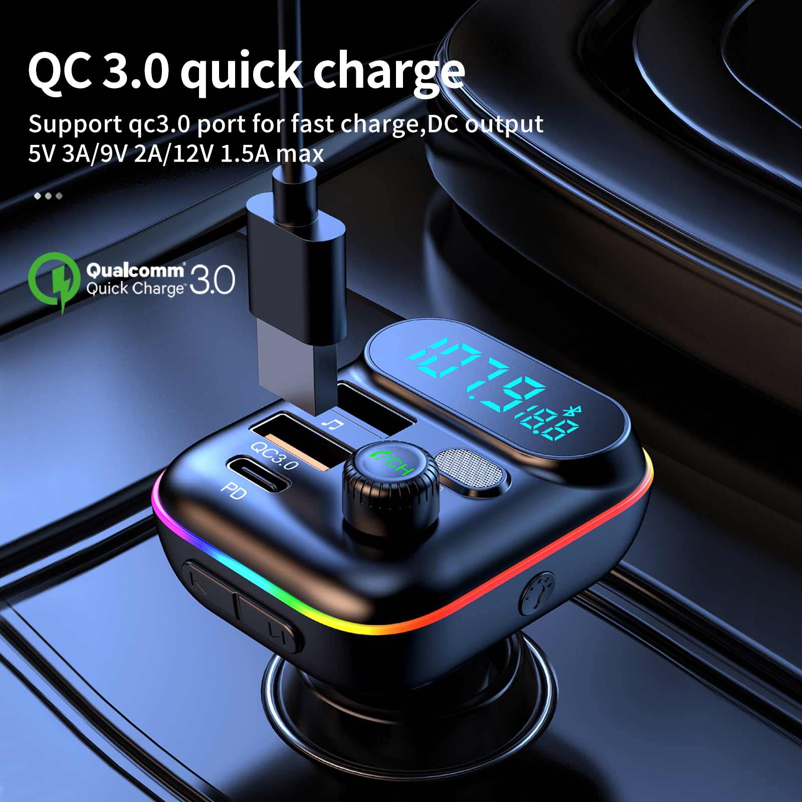 Wireless Bluetooth 5.0 Car Adapter with FM Transmitter & Fast Charging - For Music & Hands-Free Calling