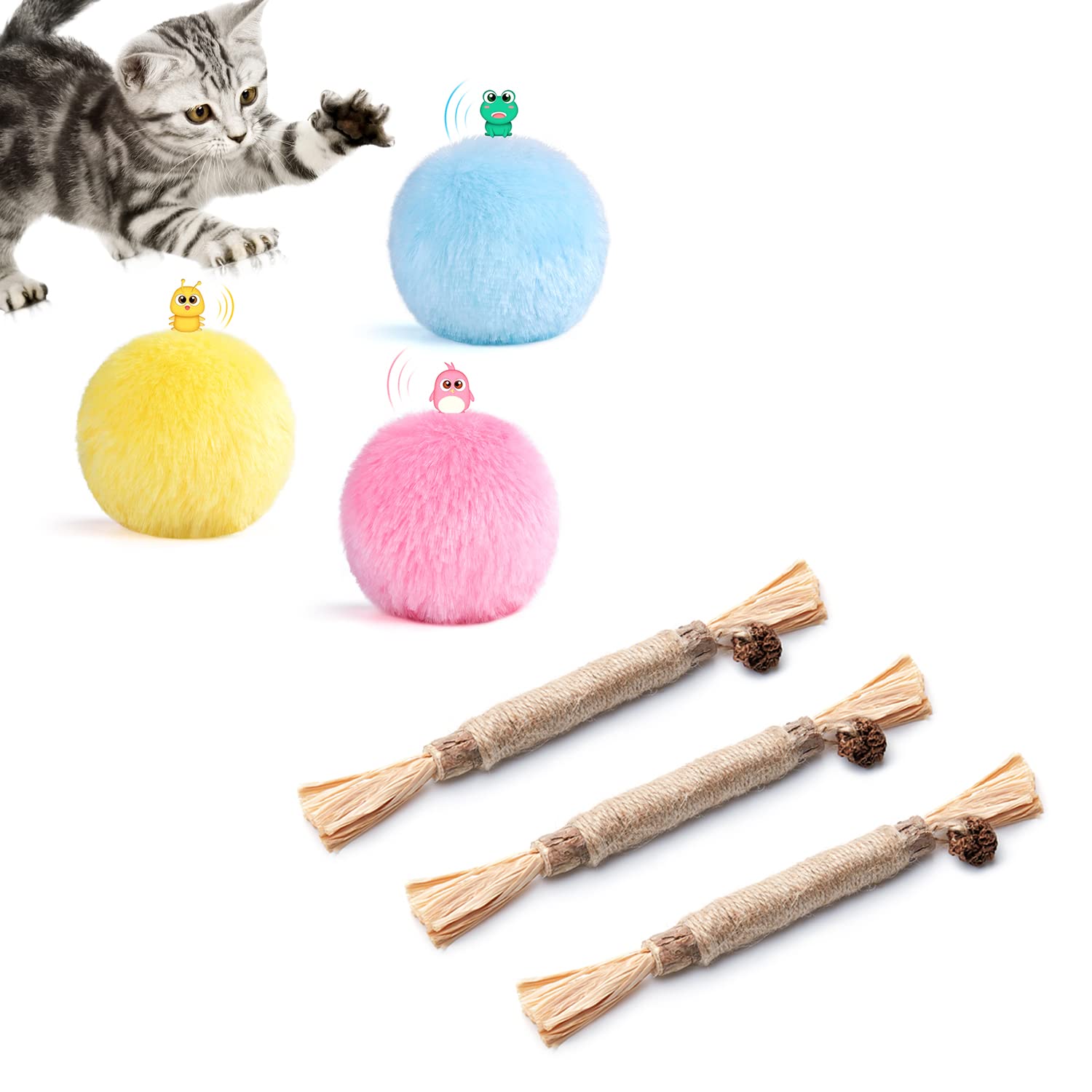 Potaroma 3 Pack Chirping Balls and Silvervine Sticks - Interactive Cat Toys for Indoor Play, Exercise & Stress Relief - Fun Enrichment for Kittens & Adult Cats