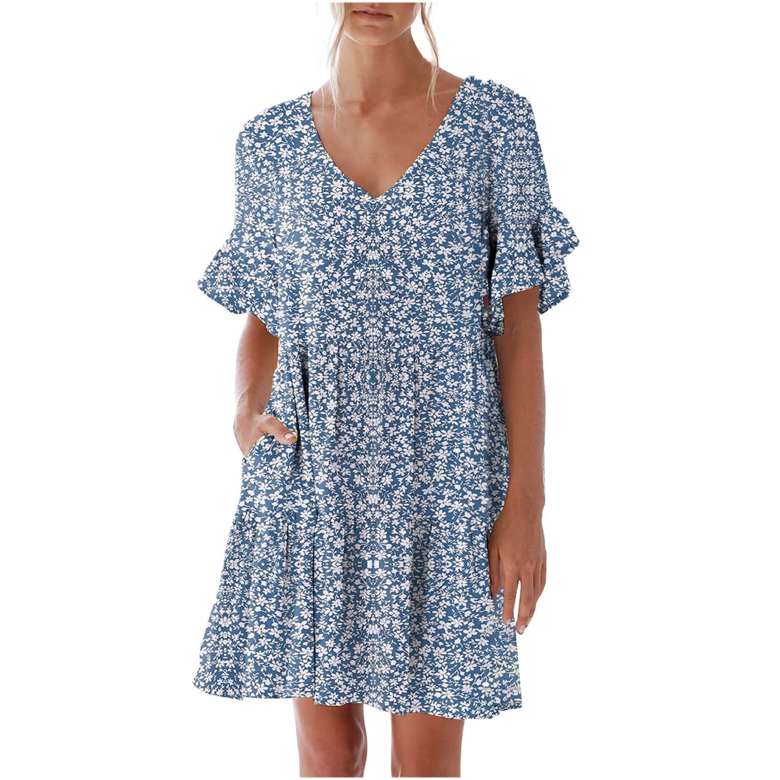 White Summer Dresses for Women - Casual Short Sleeve Ruffle Pocket A-Line Swing Mini Dress with Elastic Waist | Perfect for Beach Vacations, Picnics & Summer Parties