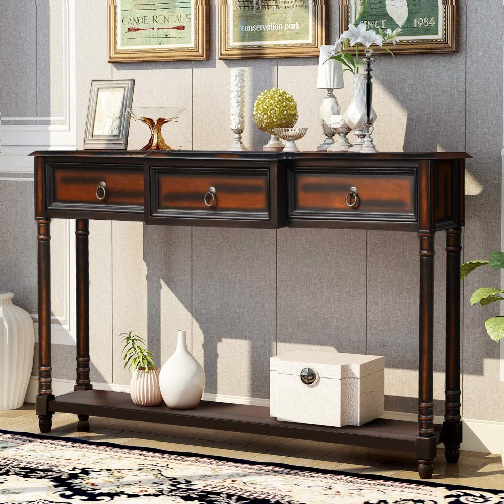 Takefuns 51 Inch Long Retro Console Table with 3 Drawers & Bottom Shelf - Solid Wood Sofa Table for Living Room, Entryway, Hallway | Perfect for Home Decor, Small Space Storage & Coffee Bar Setup