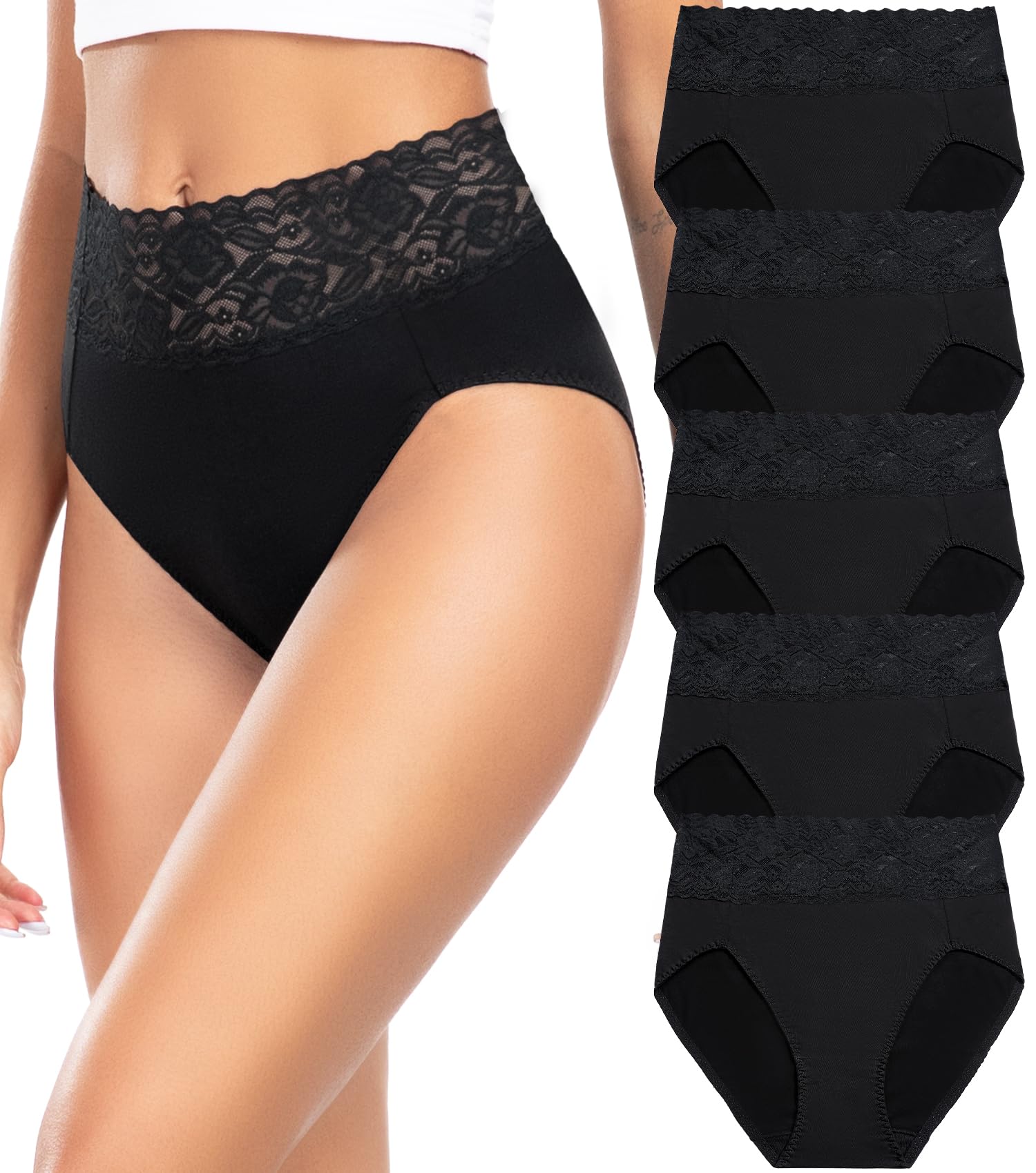 Wealurre Women's Cotton Bikini Panties - High Waisted Lace Hipster Stretch Underwear Briefs - 5 Pack Soft Comfortable Ladies Underwear for Everyday Wear & Special Occasions
