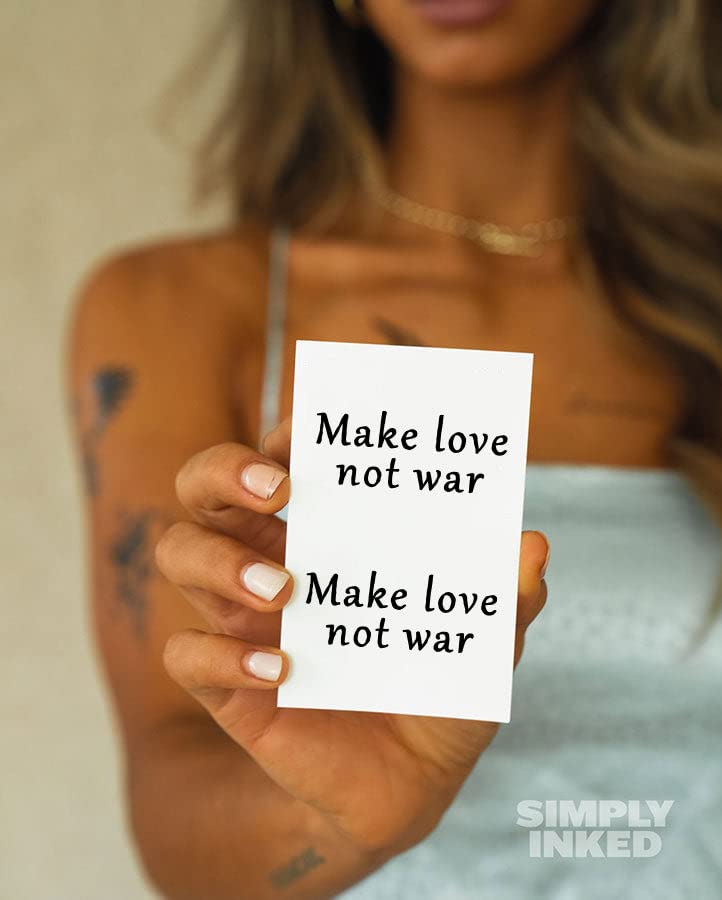 Simply Inked 'Make Love Not War' Temporary Tattoo - Inspirational Quote Design for Women, Men, Girls & Boys - Waterproof Fake Tattoo Sticker (2.5x4 Inch, Black, 1 Piece) - Perfect for Festivals, Parties & Self-Expression