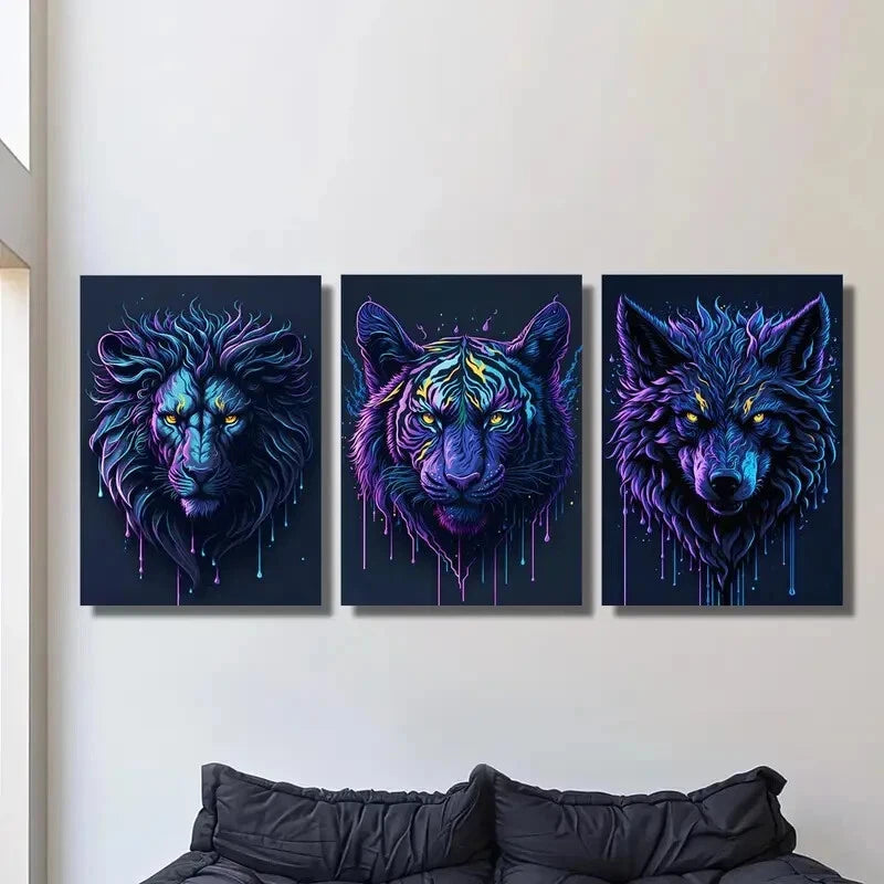 3-Piece Neon Metal Print Wall Art - Lion, Tiger & Wolf Portrait - Ready to Hang - Perfect for Living Room, Bedroom & Office Decor
