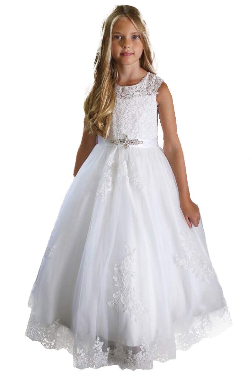 First Communion Dresses for Girls Age 7-16 | Plus Size White Embroidered Satin Bodice | Perfect for Church Ceremonies & Special Occasions