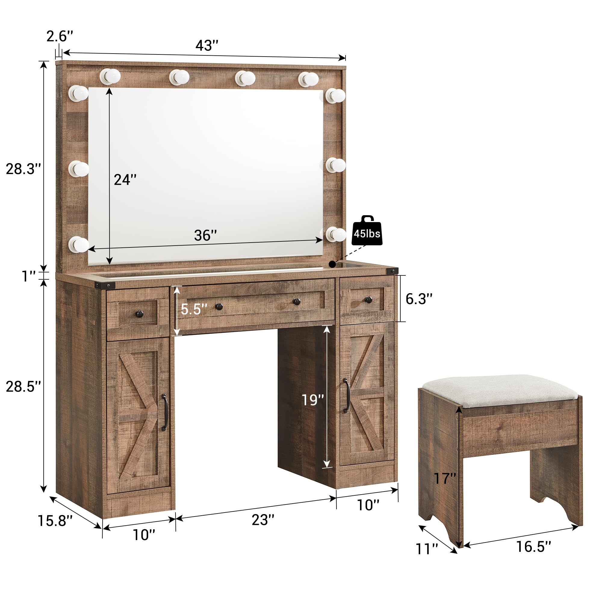 Farmhouse Makeup Vanity Desk with Mirror and Lights - 43
