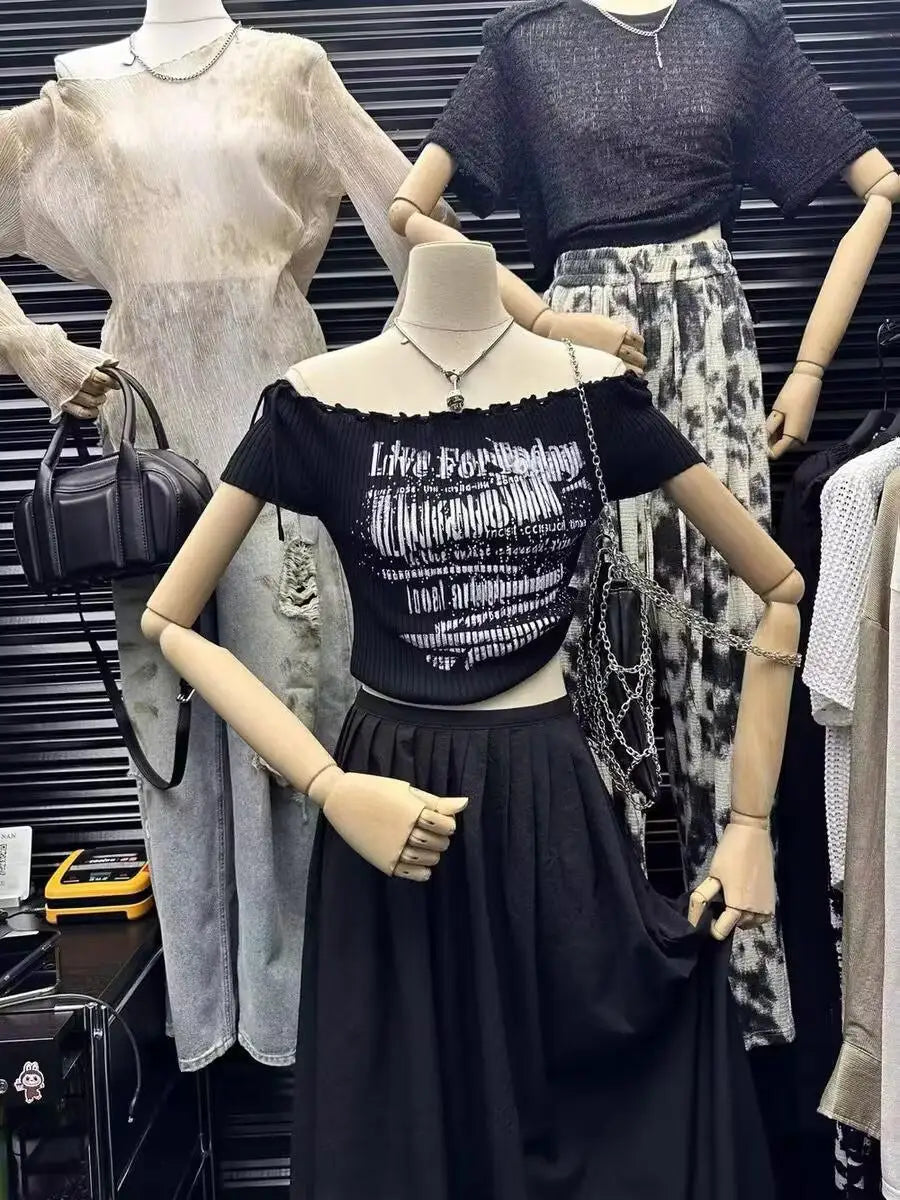 Women's Black Letter Print Short Sleeve Knit T-Shirt - 2024 Summer Red Slim Off-Shoulder Lace-Up Top | Trendy Streetwear for Casual Outings, Beach Vacations & Night Out