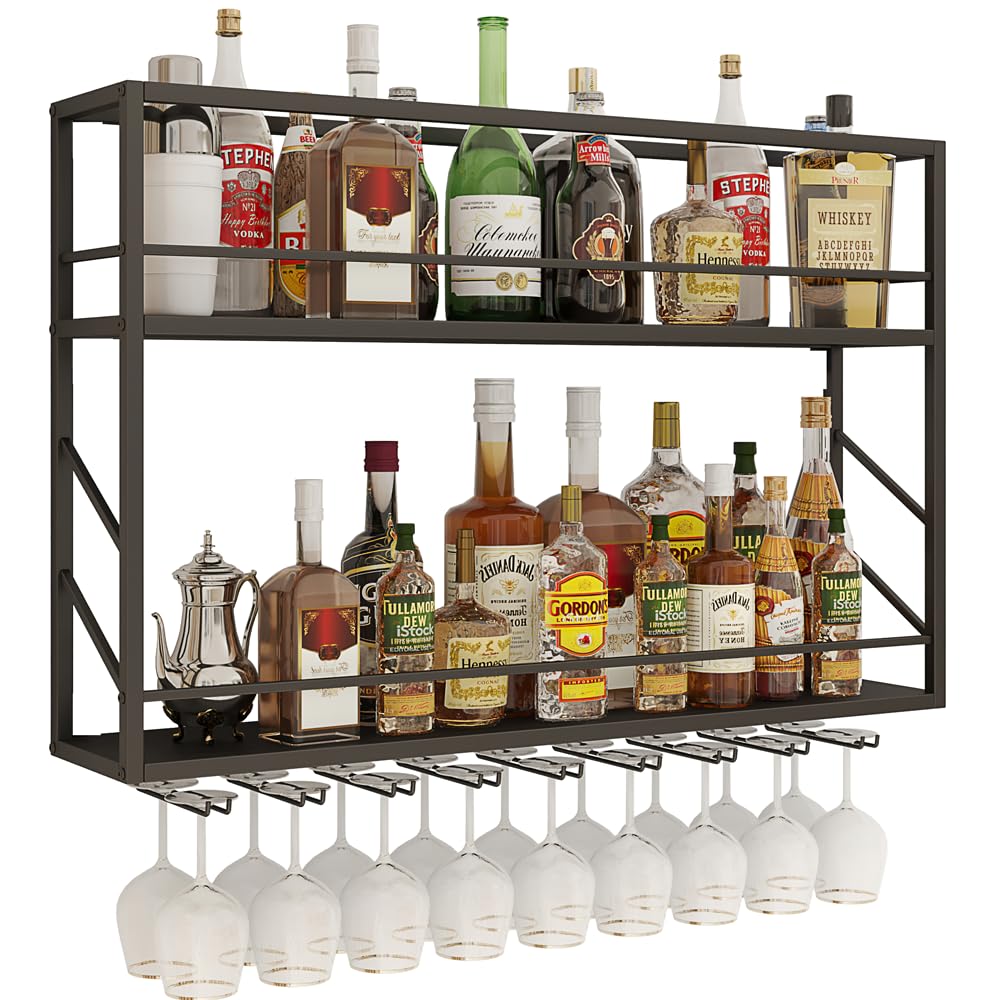 Wall Mounted Wine Rack - 2-Tier Metal Wine Shelf for Liquor Bottles Storage & Display - Sturdy Bar Shelves for Home, Kitchen, Dining Room & Wine Cellar (39.3×7.8×26in) - Perfect for Wine Enthusiasts & Entertaining Guests