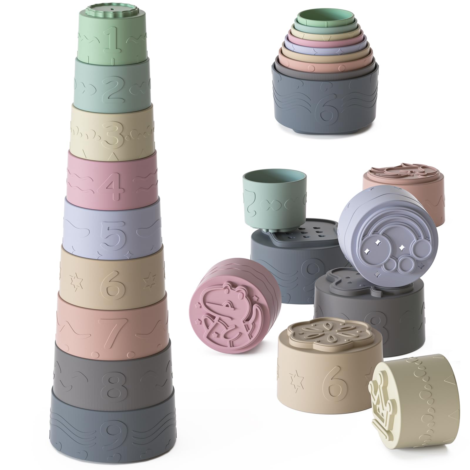 Baby Stacking Cups - Soft Silicone Teething Toys for 6-18 Months | Montessori Sensory Development | Bath & Playtime Fun